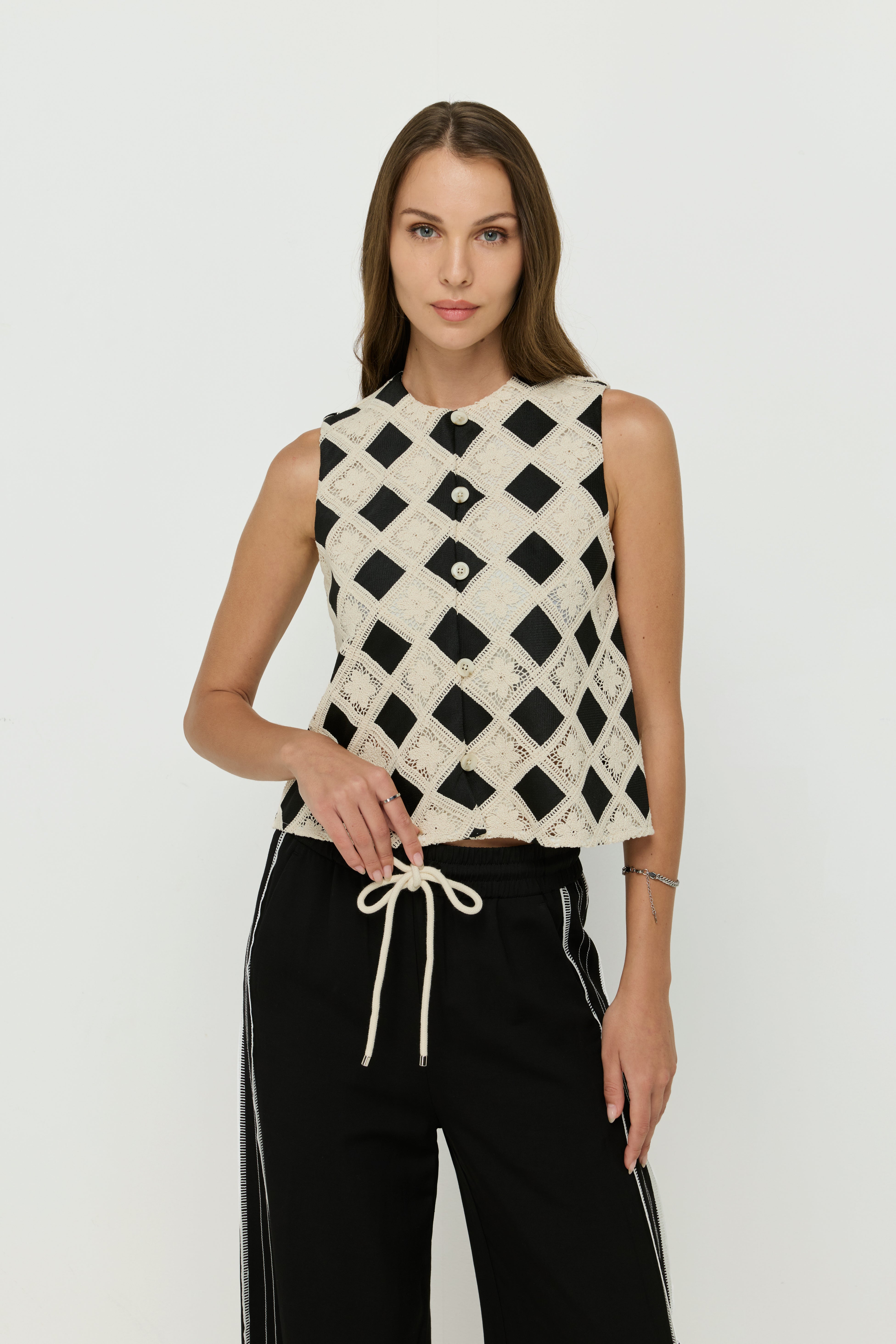 CHECK LACE OVERLAY BUTTON VEST