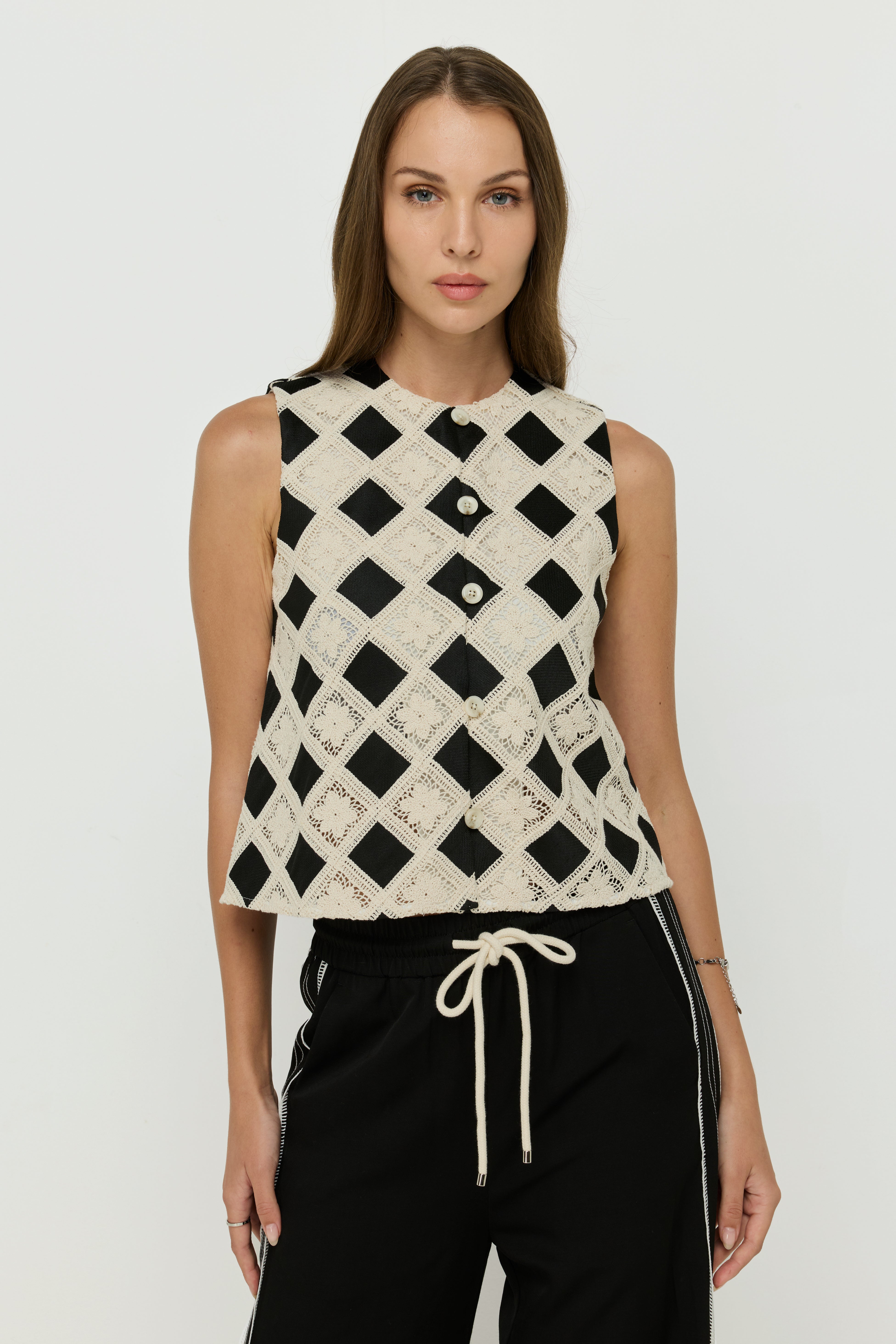 CHECK LACE OVERLAY BUTTON VEST