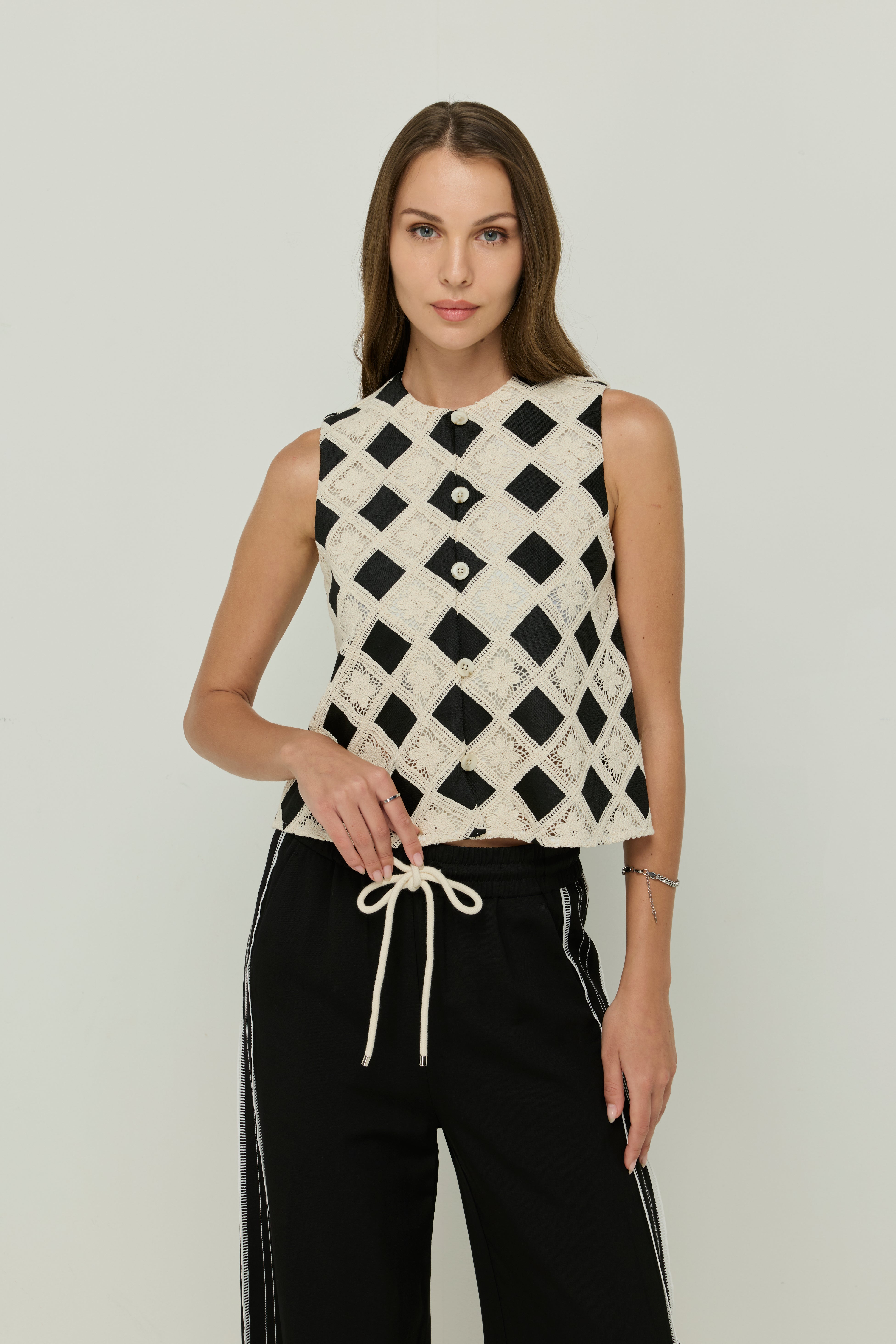 PRINTED BLACK & WHITE CROCHET VEST