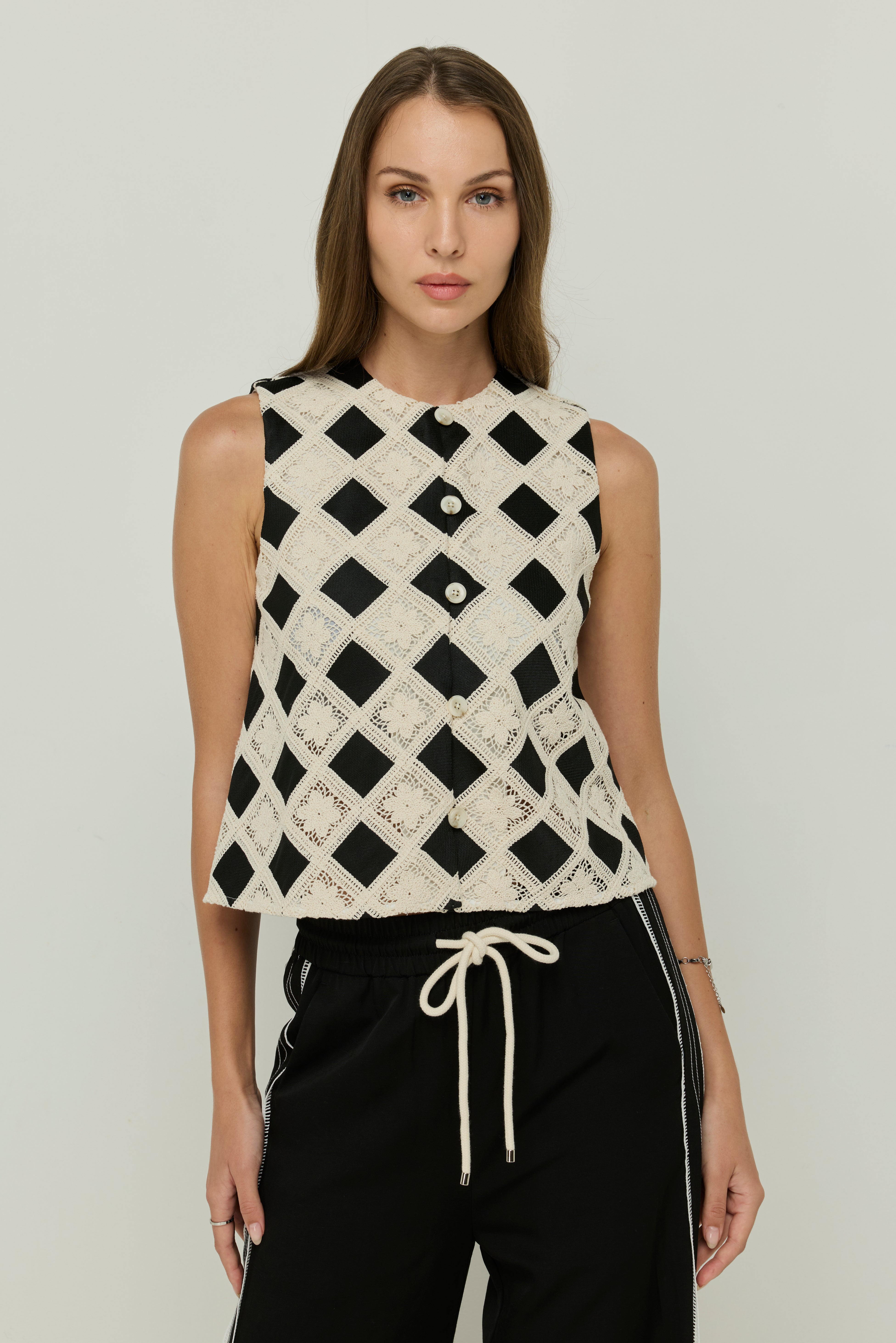 PRINTED BLACK & WHITE CROCHET VEST