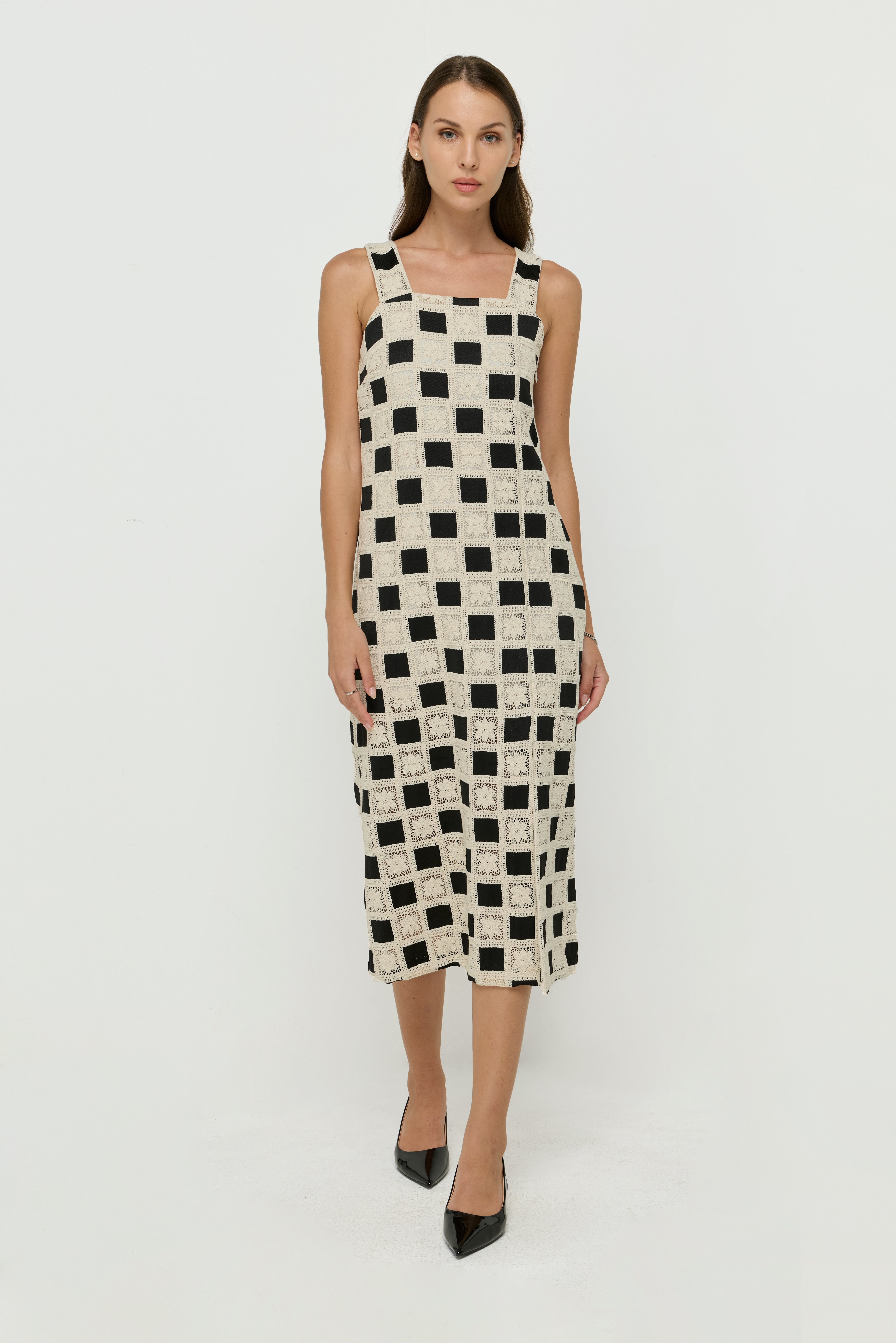 CHECK LACE PANEL MIDI DRESS