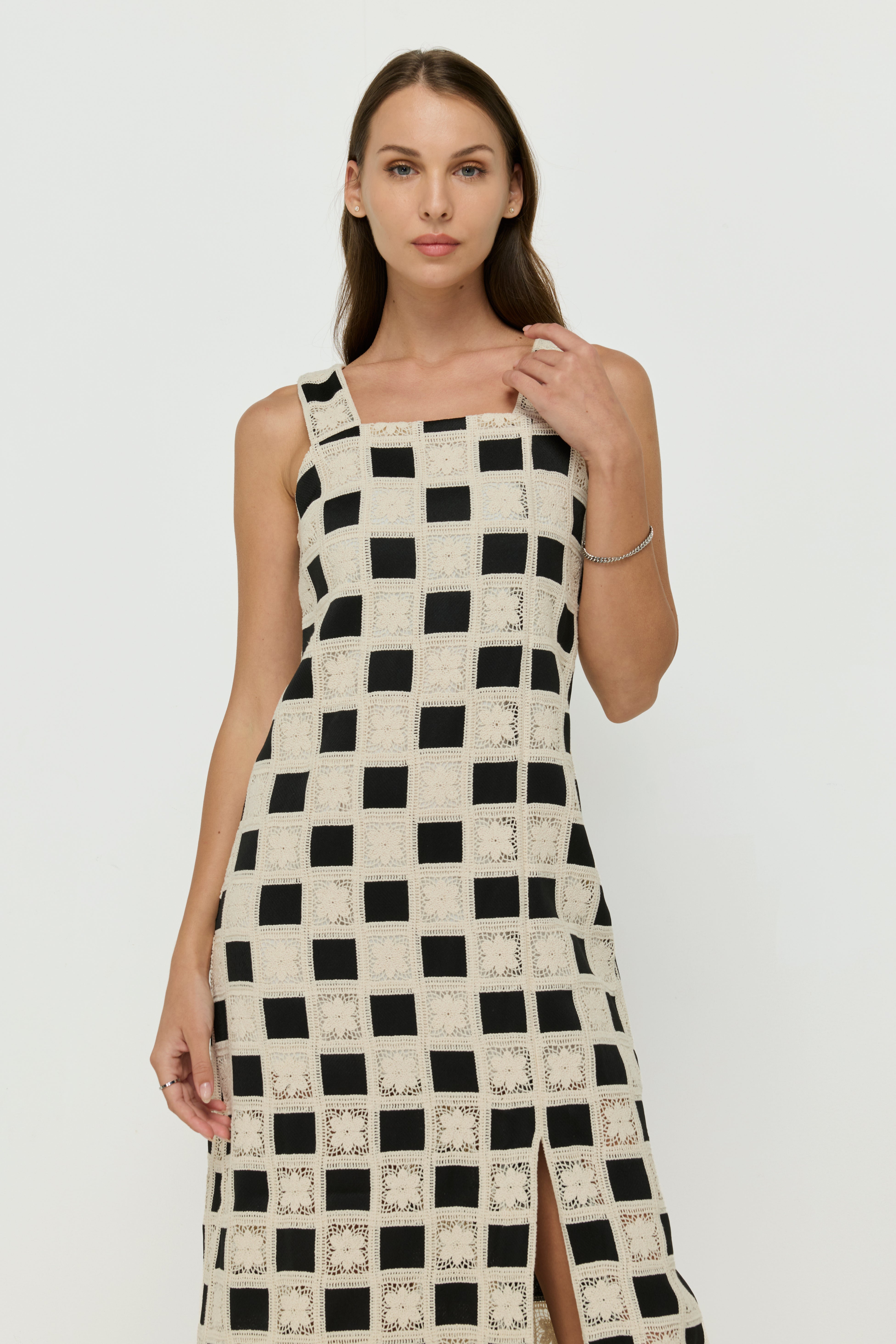 CHECK LACE PANEL MIDI DRESS