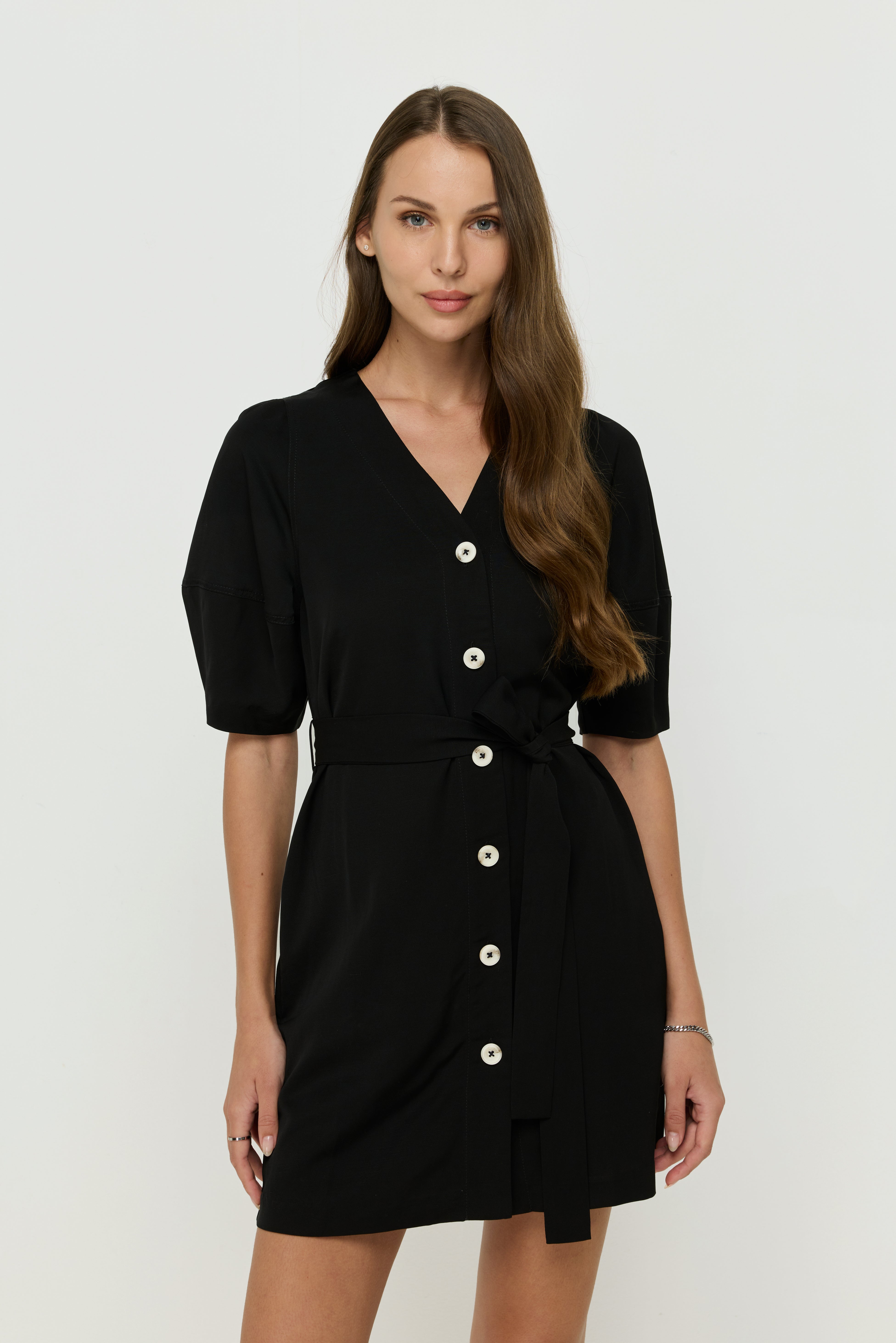 BELTED BUTTON-FRONT MINI DRESS