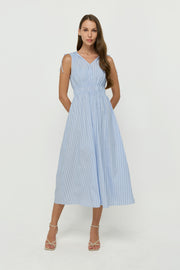 GATHERED TIE-SHOULDER MIDI DRESS
