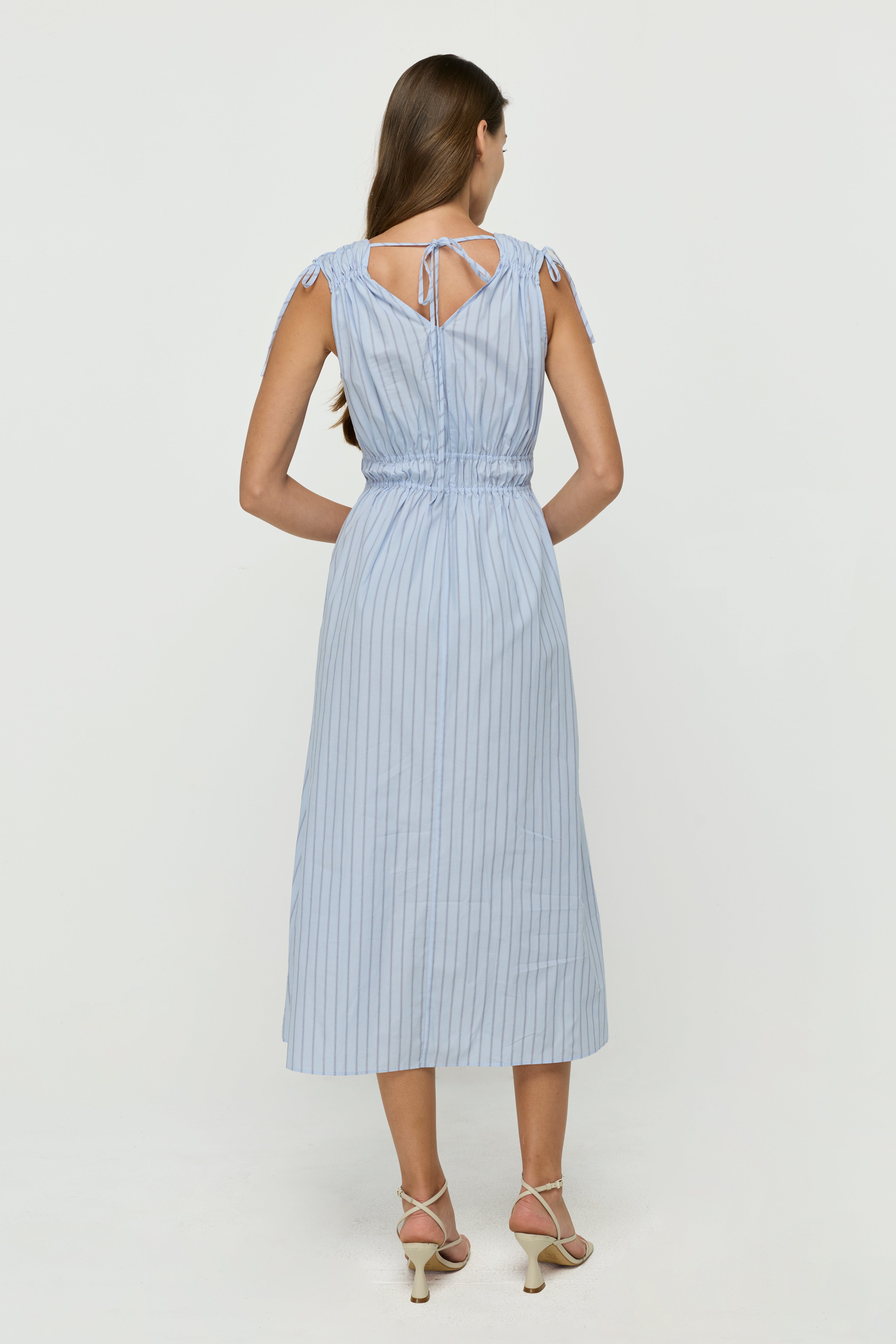 GATHERED TIE-SHOULDER MIDI DRESS