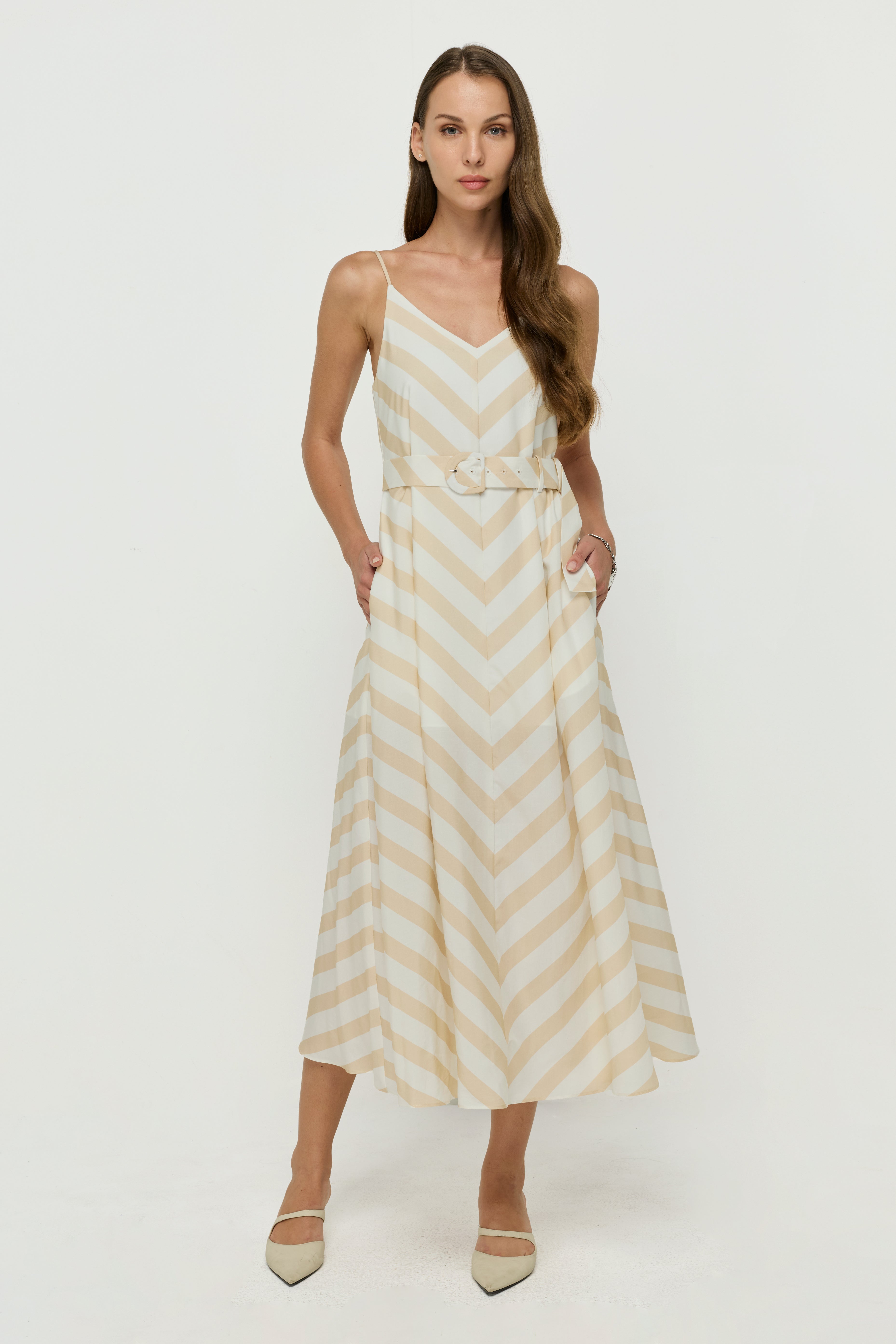 CHEVRON STRIPE WITH BELTED MIDI DRESS