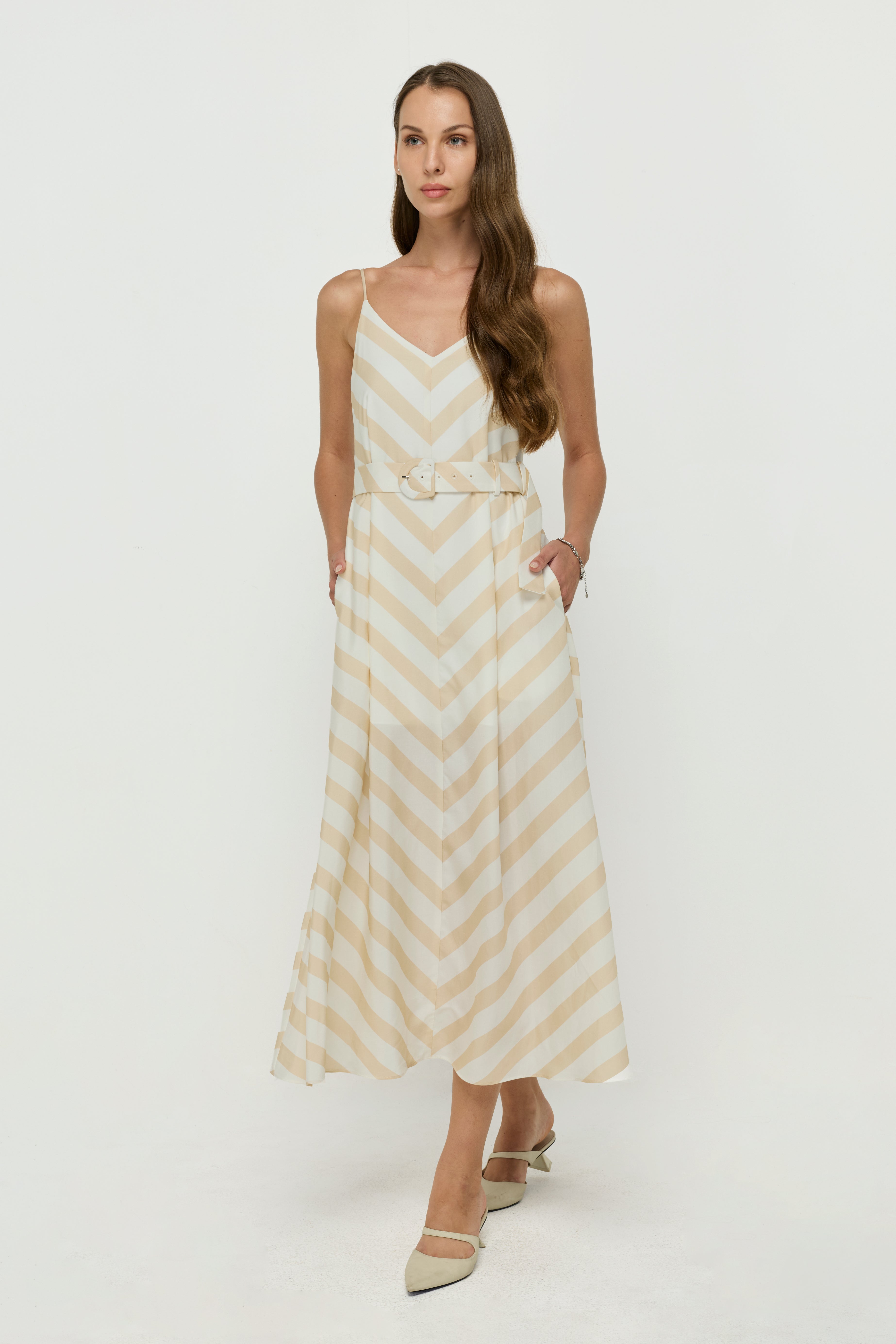 CHEVRON STRIPE WITH BELTED MIDI DRESS