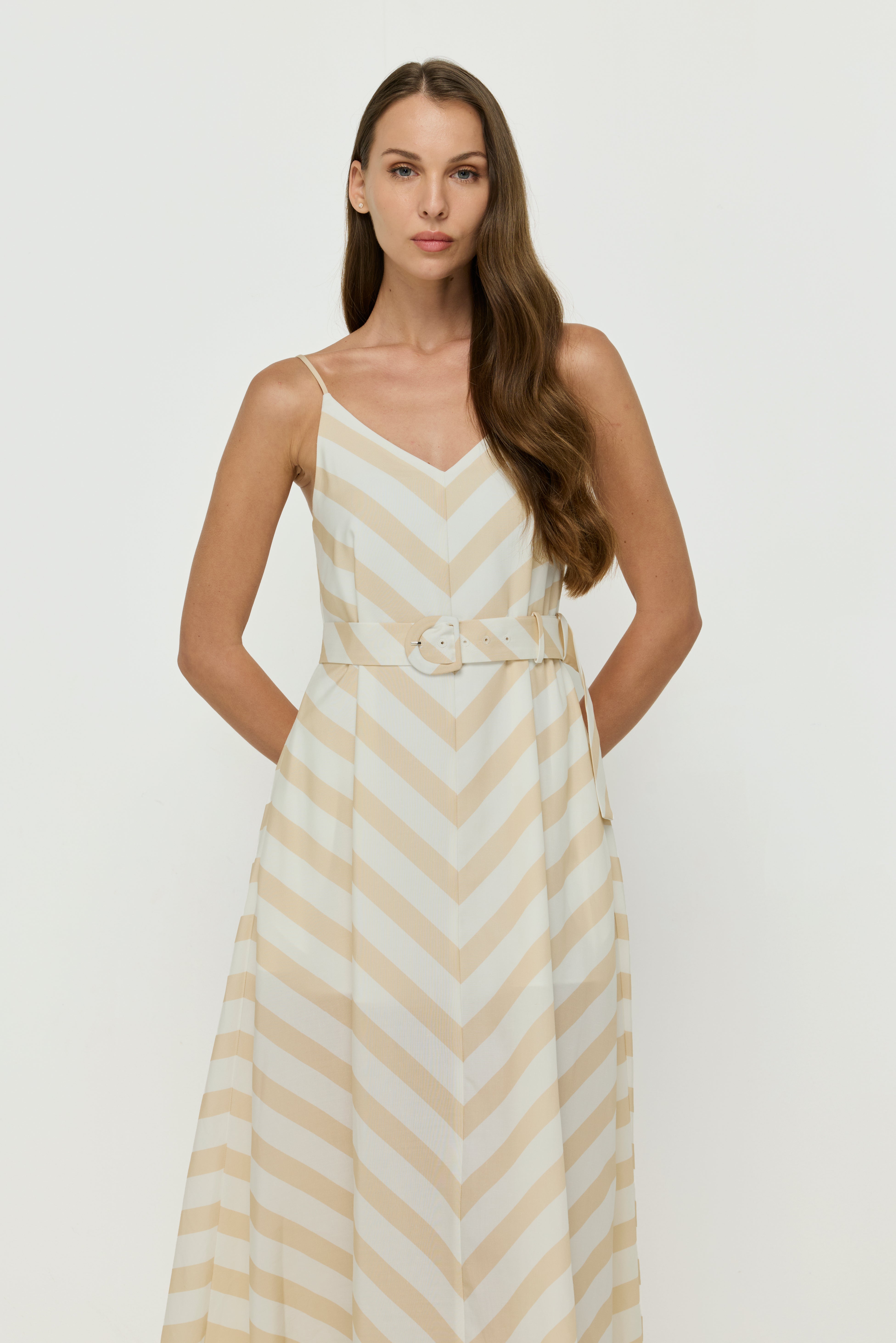 CHEVRON STRIPE WITH BELTED MIDI DRESS