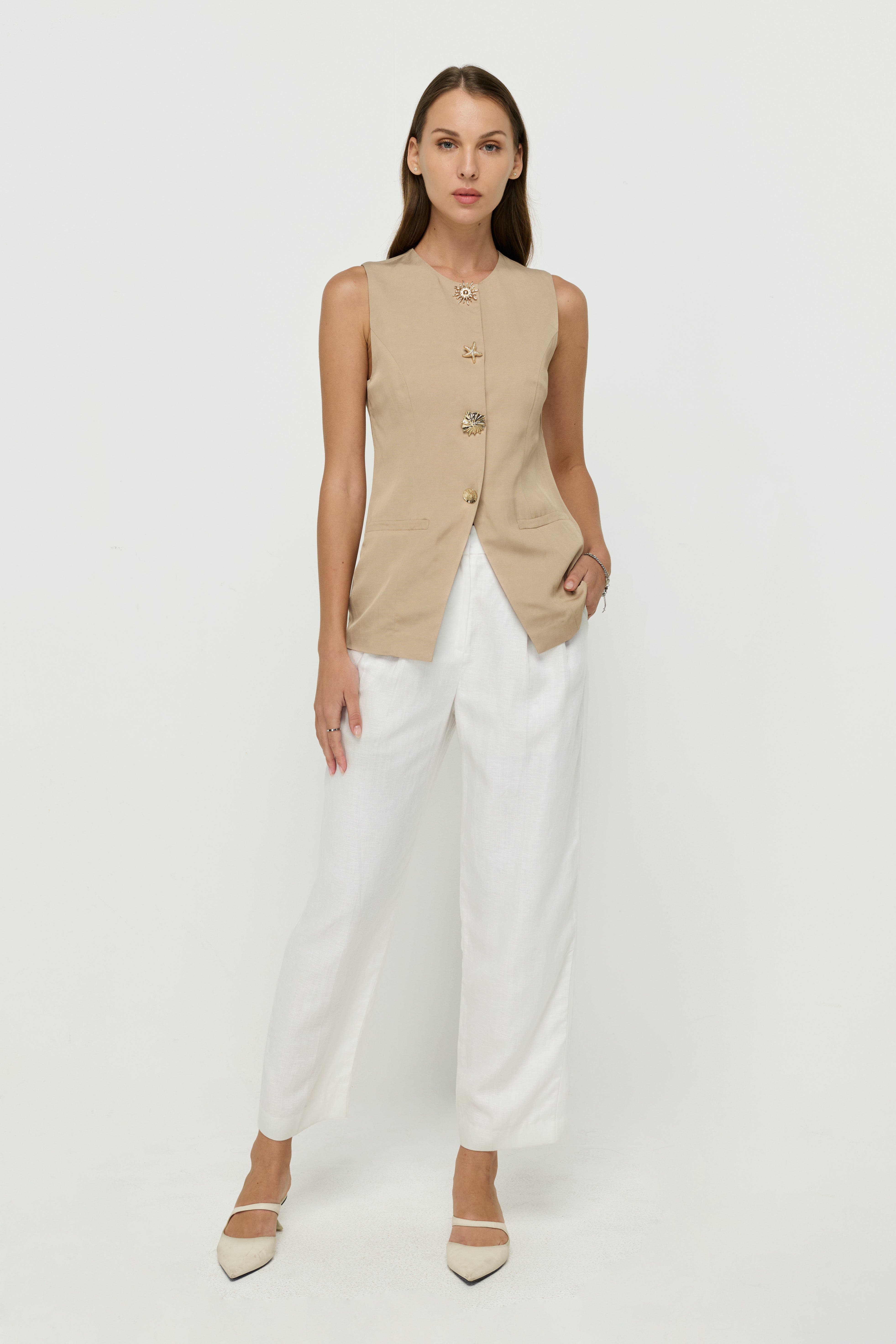 EMBELLISHED BUTTON TAILORED VEST BLOUSE