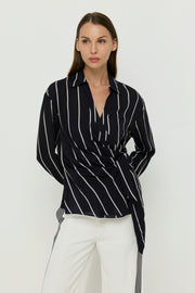 STRIPED WRAP-FRONT TIE BLOUSE