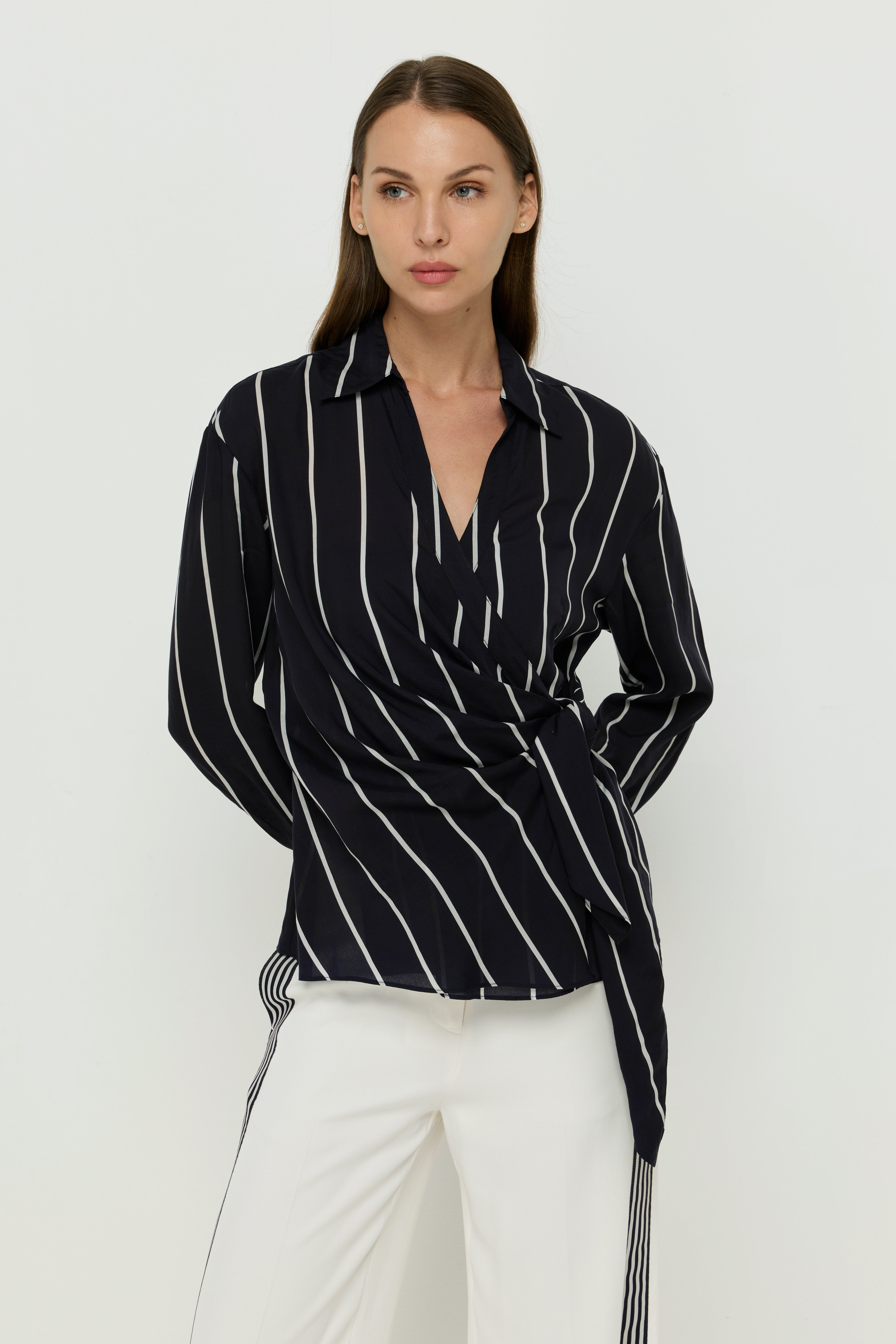 STRIPED WRAP-FRONT TIE BLOUSE