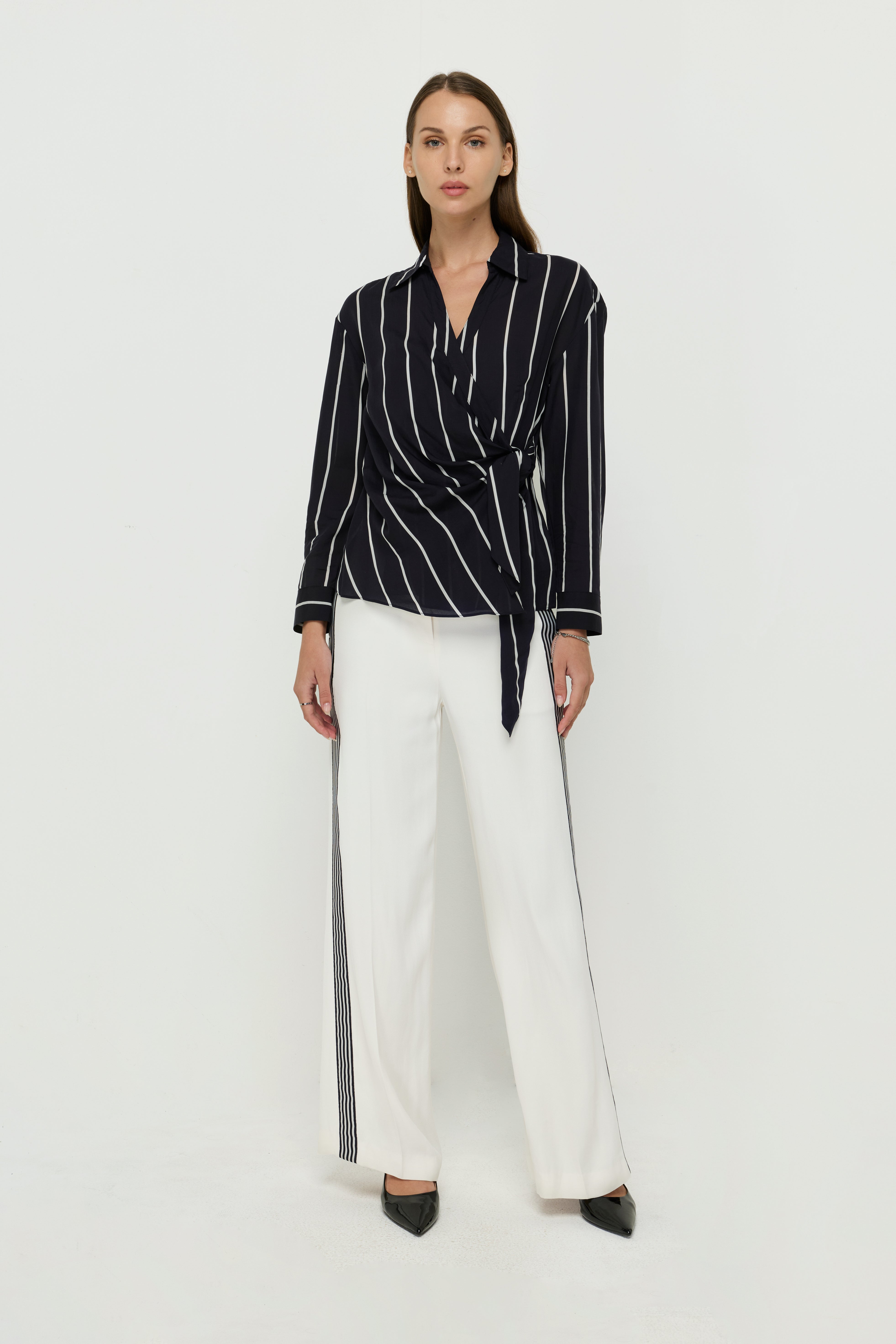 STRIPED WRAP-FRONT TIE BLOUSE