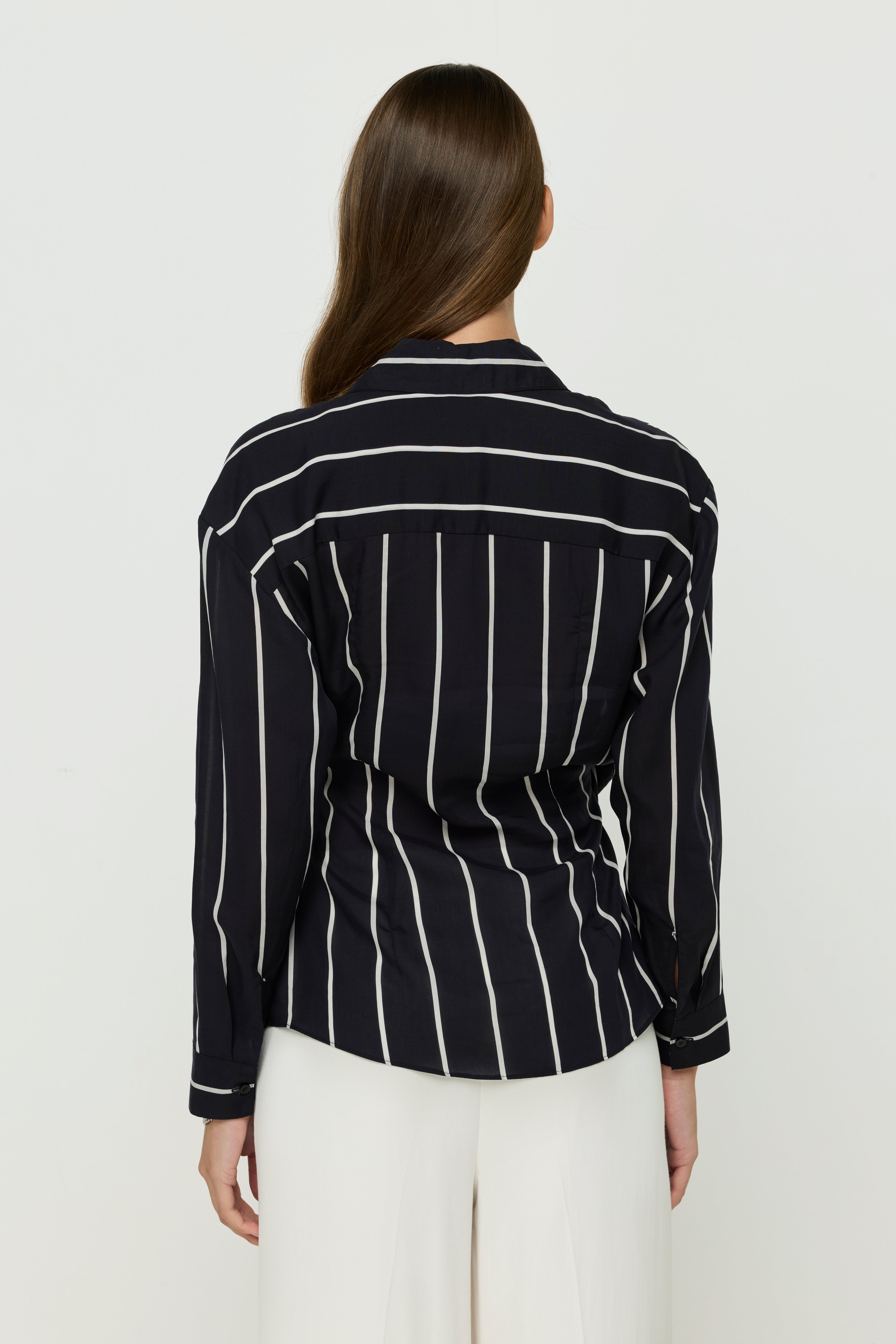 STRIPED WRAP-FRONT TIE BLOUSE