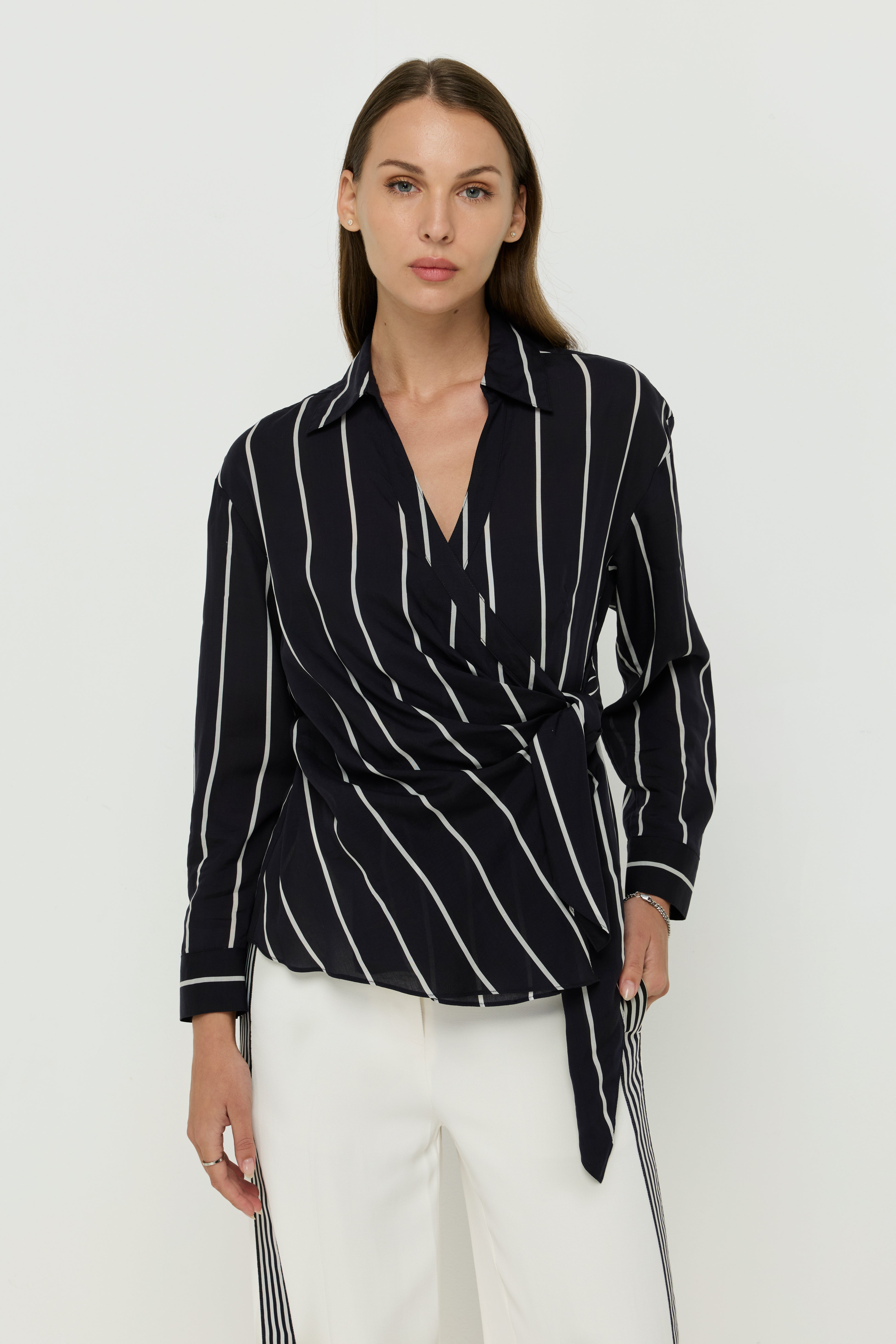 STRIPED WRAP-FRONT TIE BLOUSE