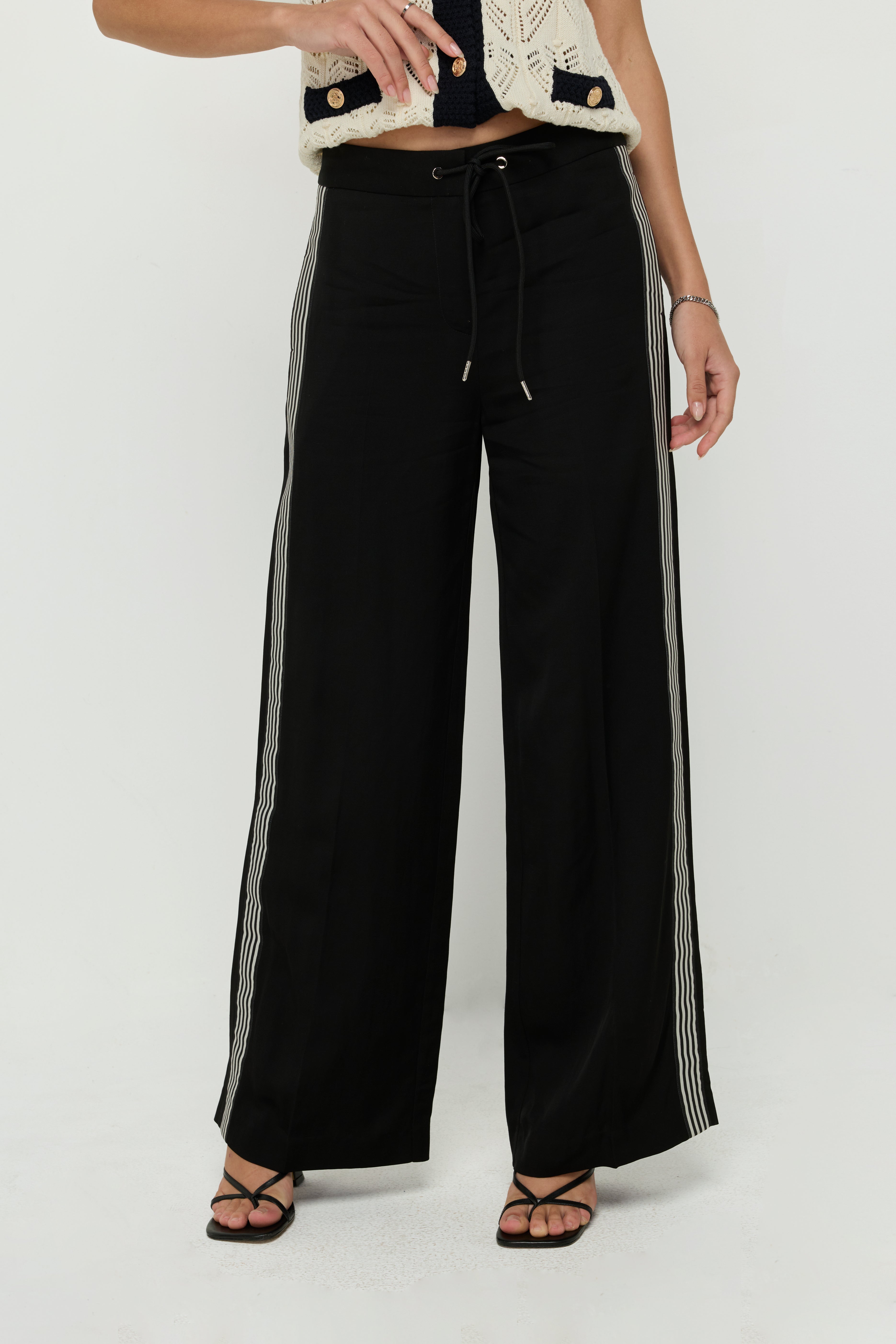 SIDE-STRIPE DRAWSTRING WIDE-LEG TROUSERS