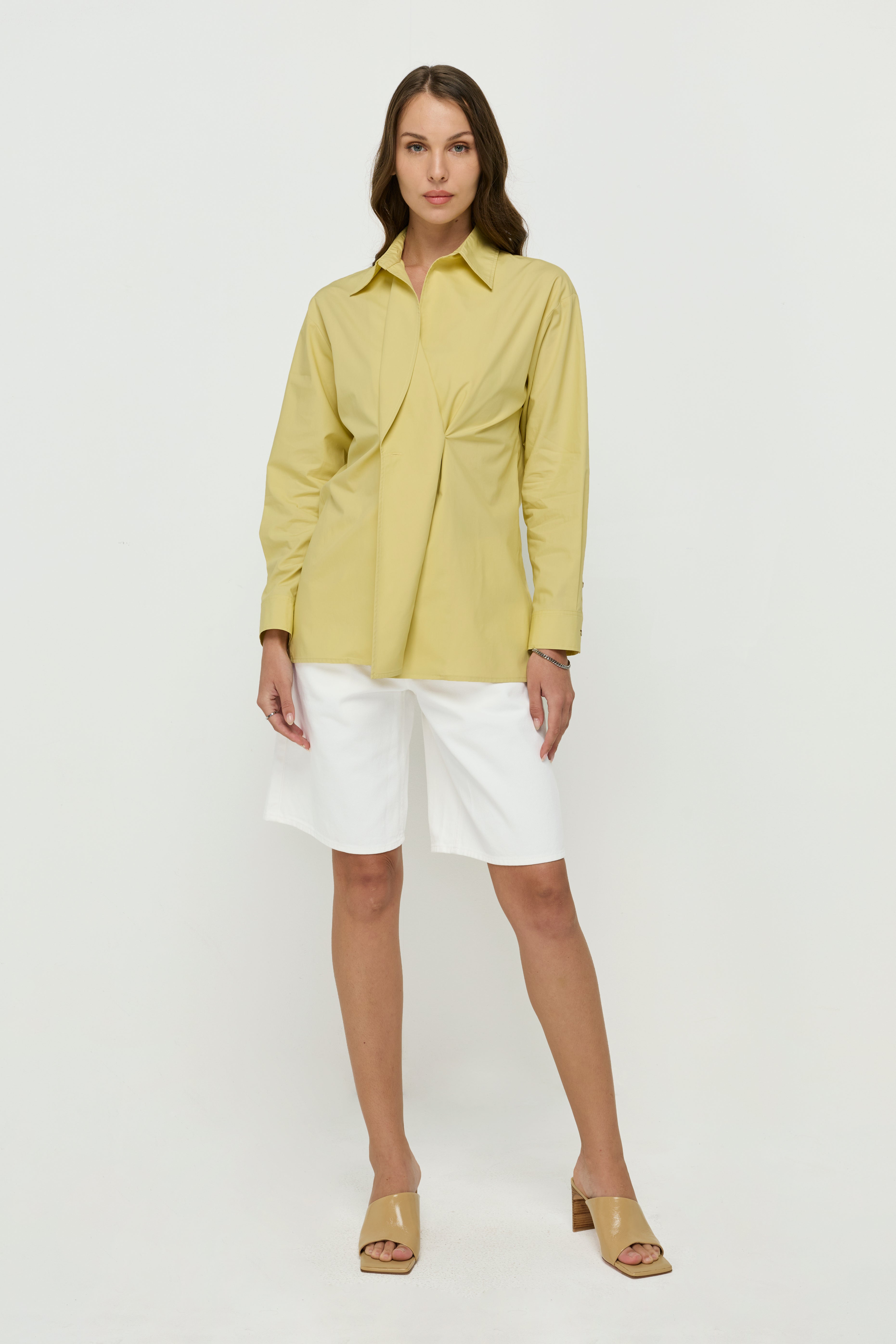 SOFT YELLOW DRAPED WRAP SHIRT