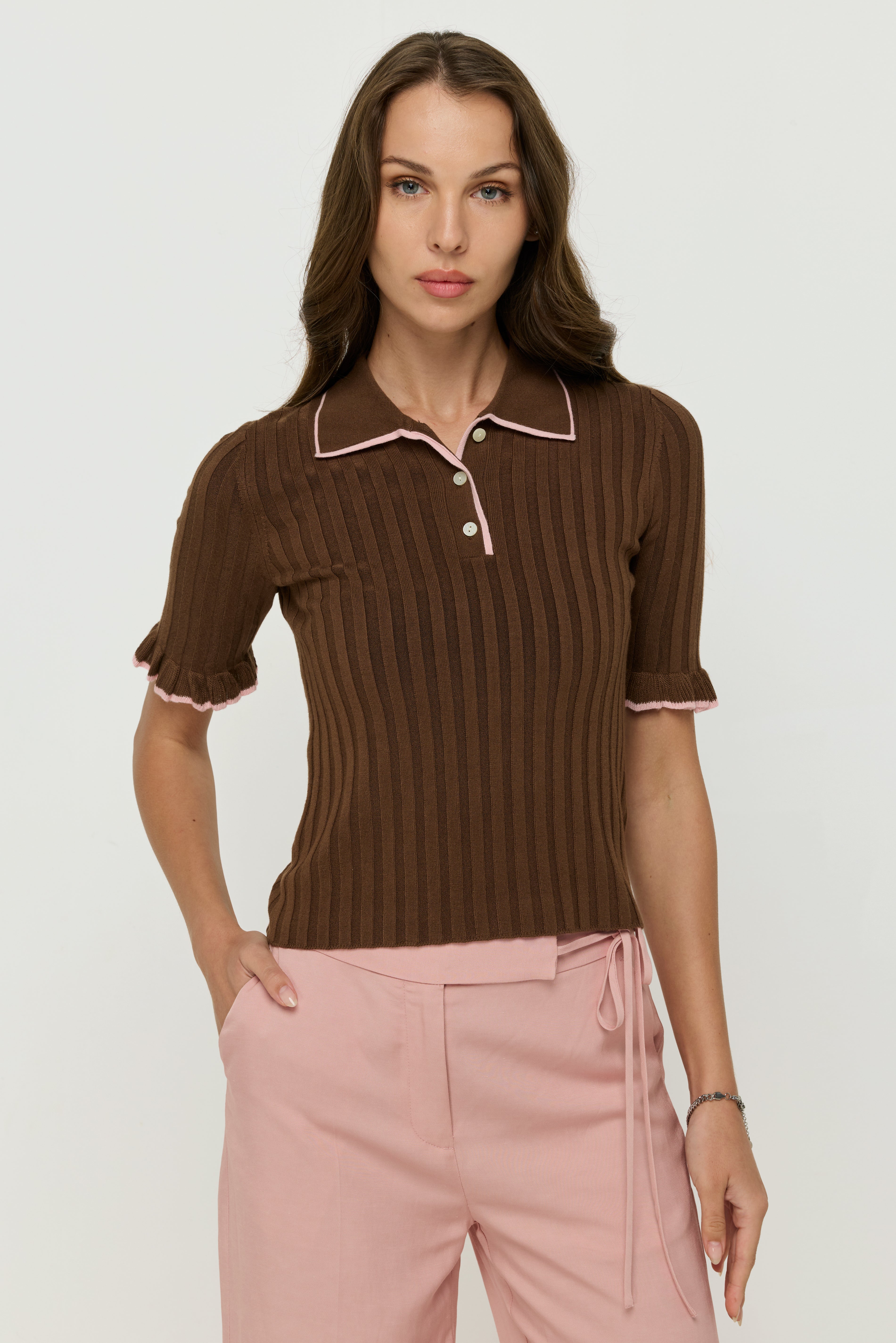 RIBBED CONTRAST TRIM KNIT POLO TOP