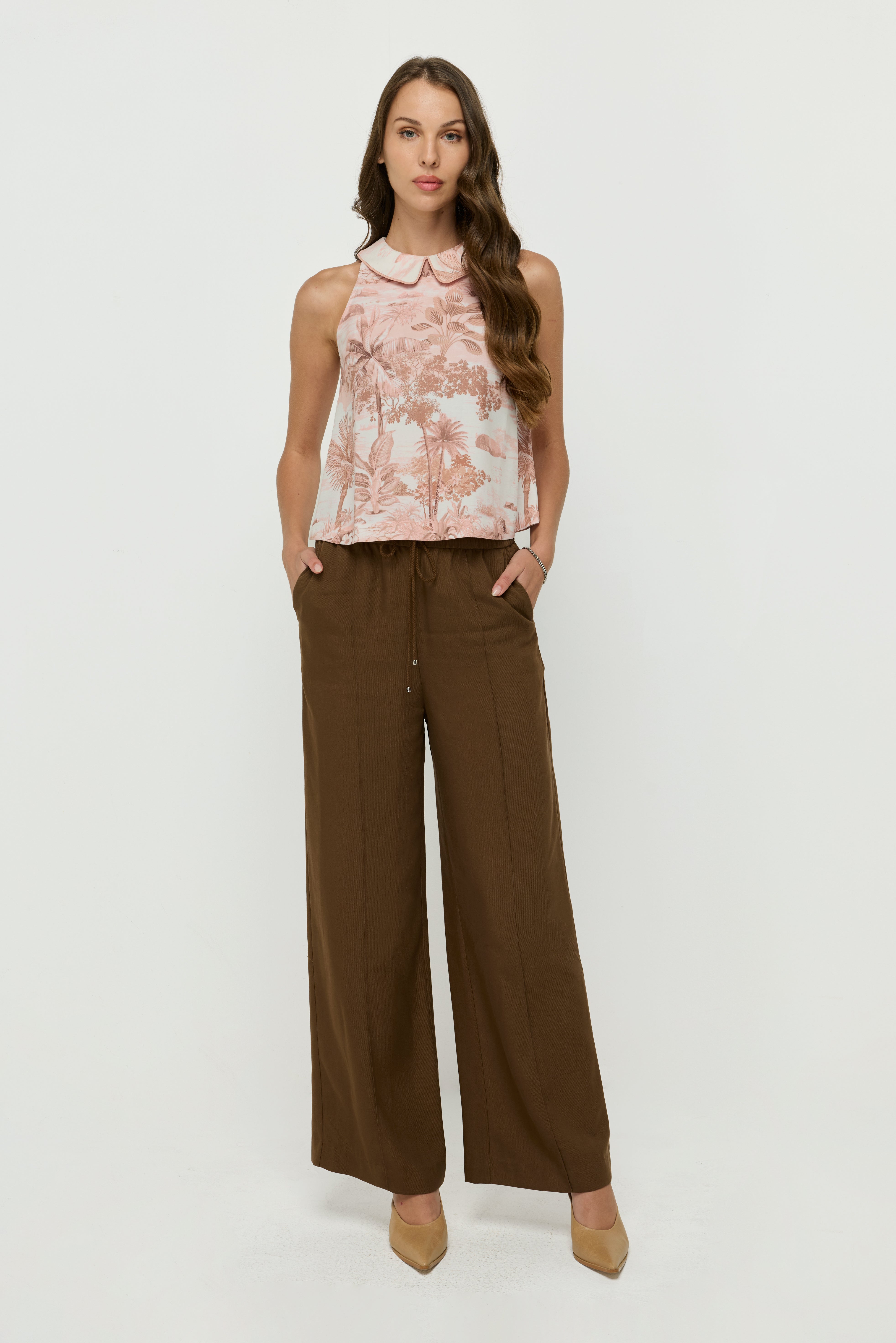 COCOA DRAWSTRING WIDE-LEG TROUSERS