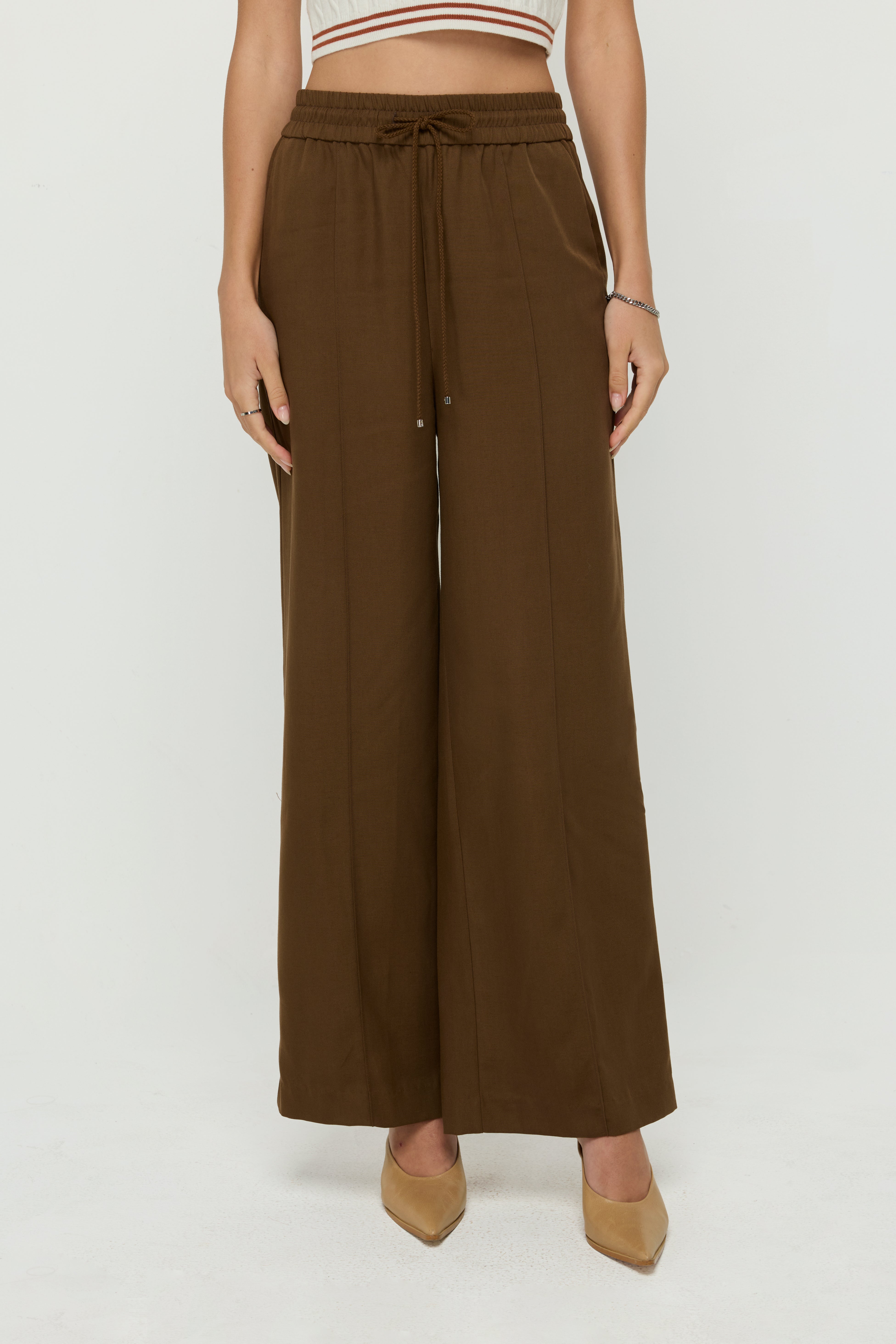 COCOA DRAWSTRING WIDE-LEG TROUSERS