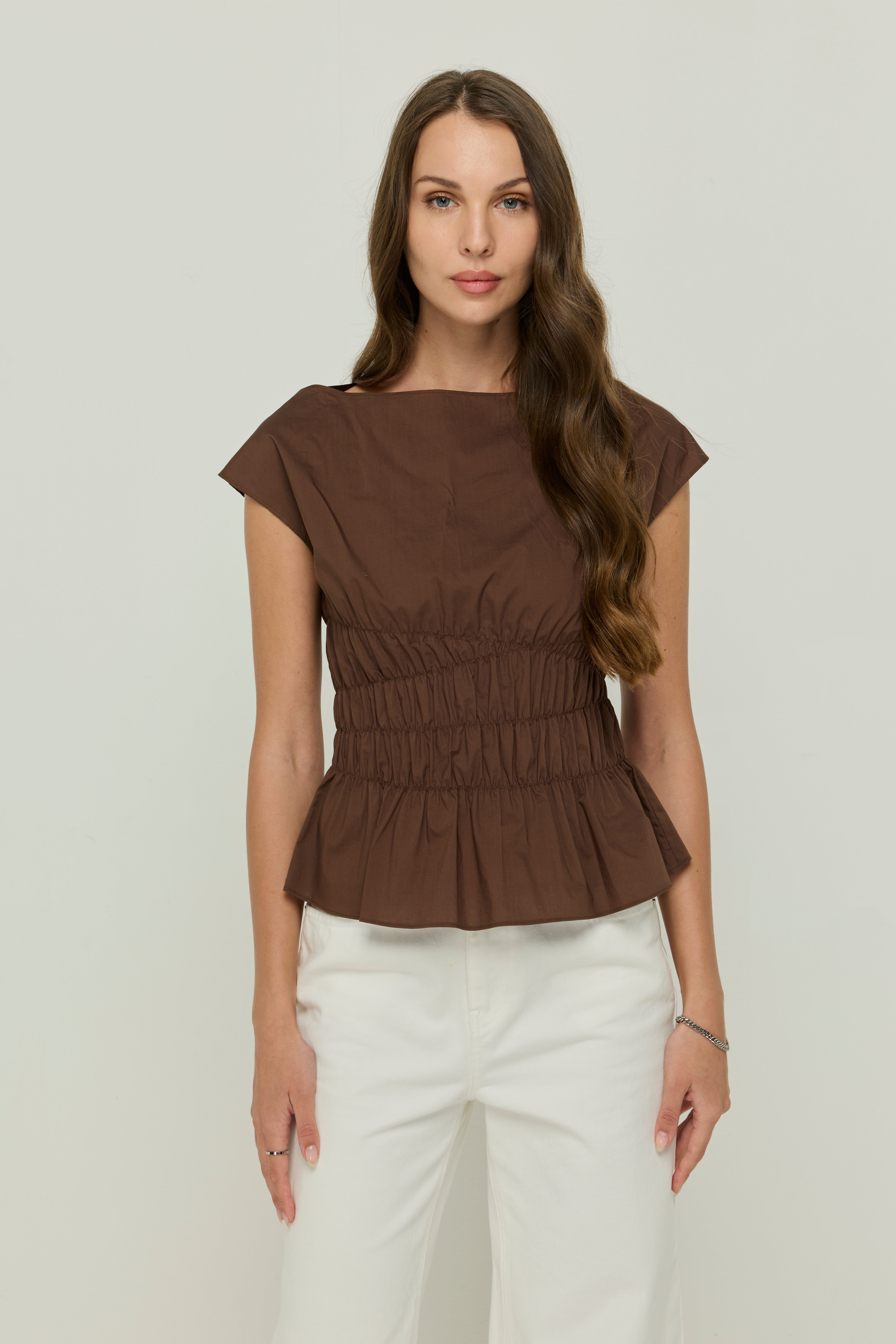 SHIRRED WAIST BARDOT BLOUSE