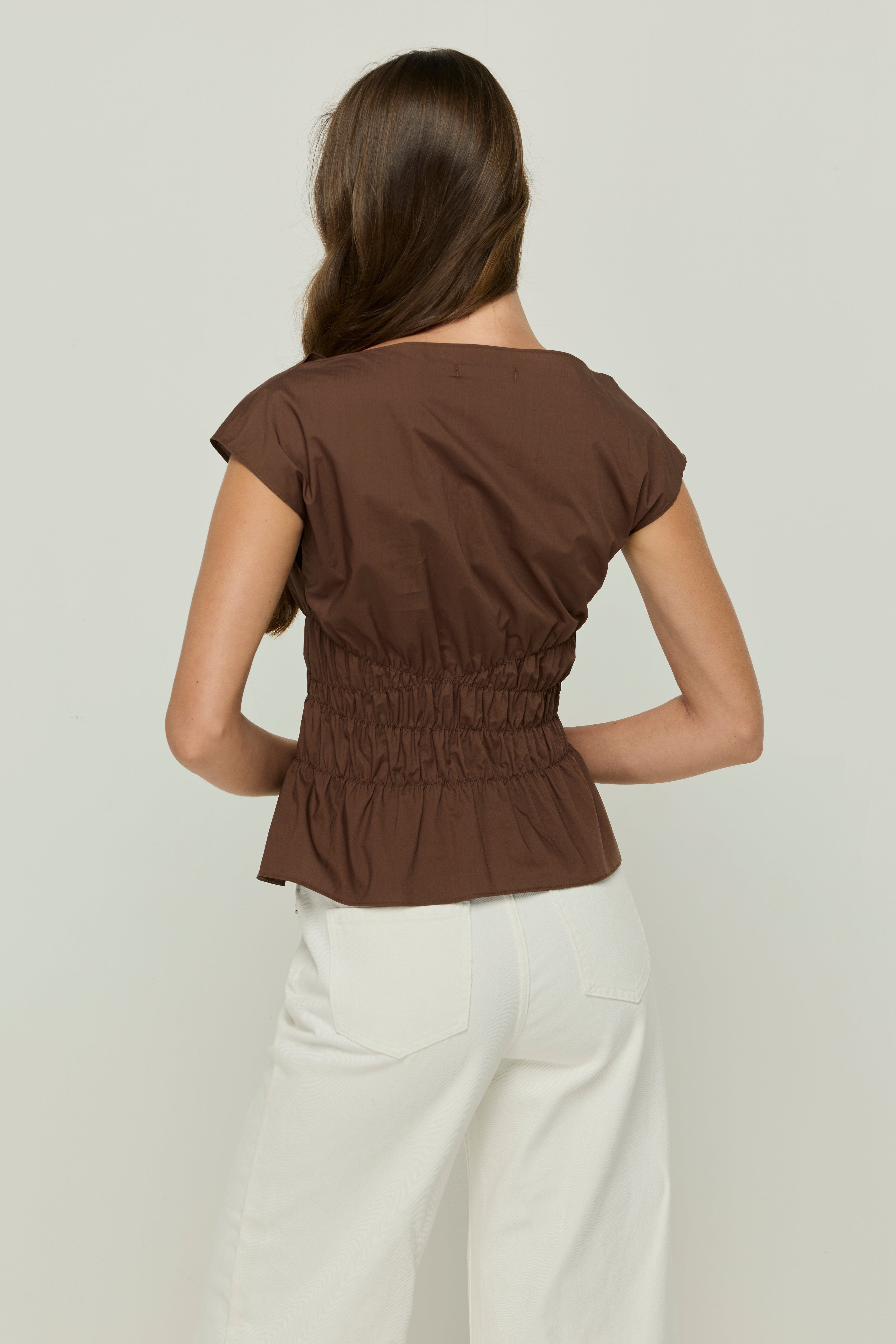 SHIRRED WAIST BARDOT BLOUSE