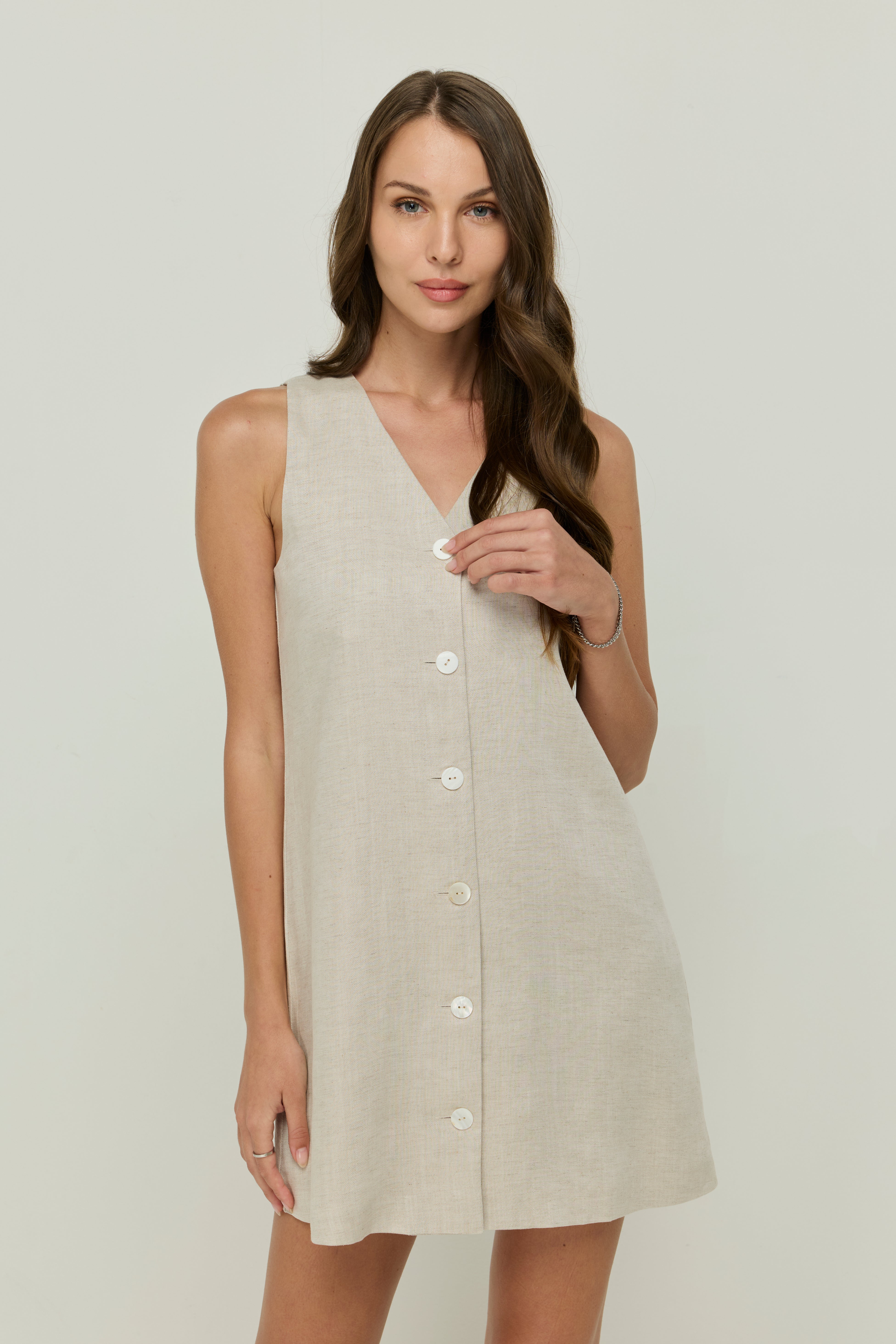 V-NECK SINGLE-BREASTED CASUAL MINI DRESS