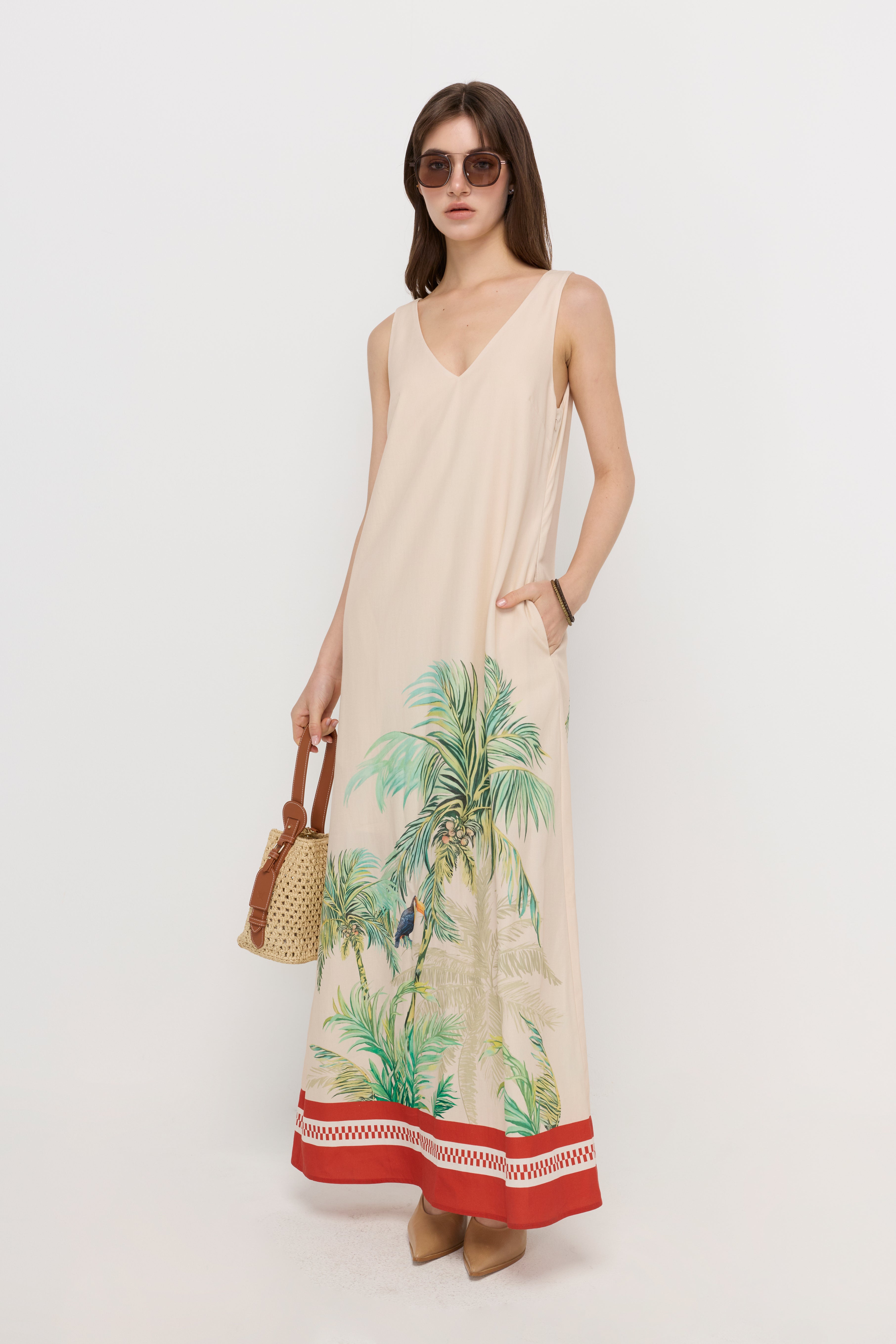 TROPICAL PRINT SLEEVELESS MIDI DRESS
