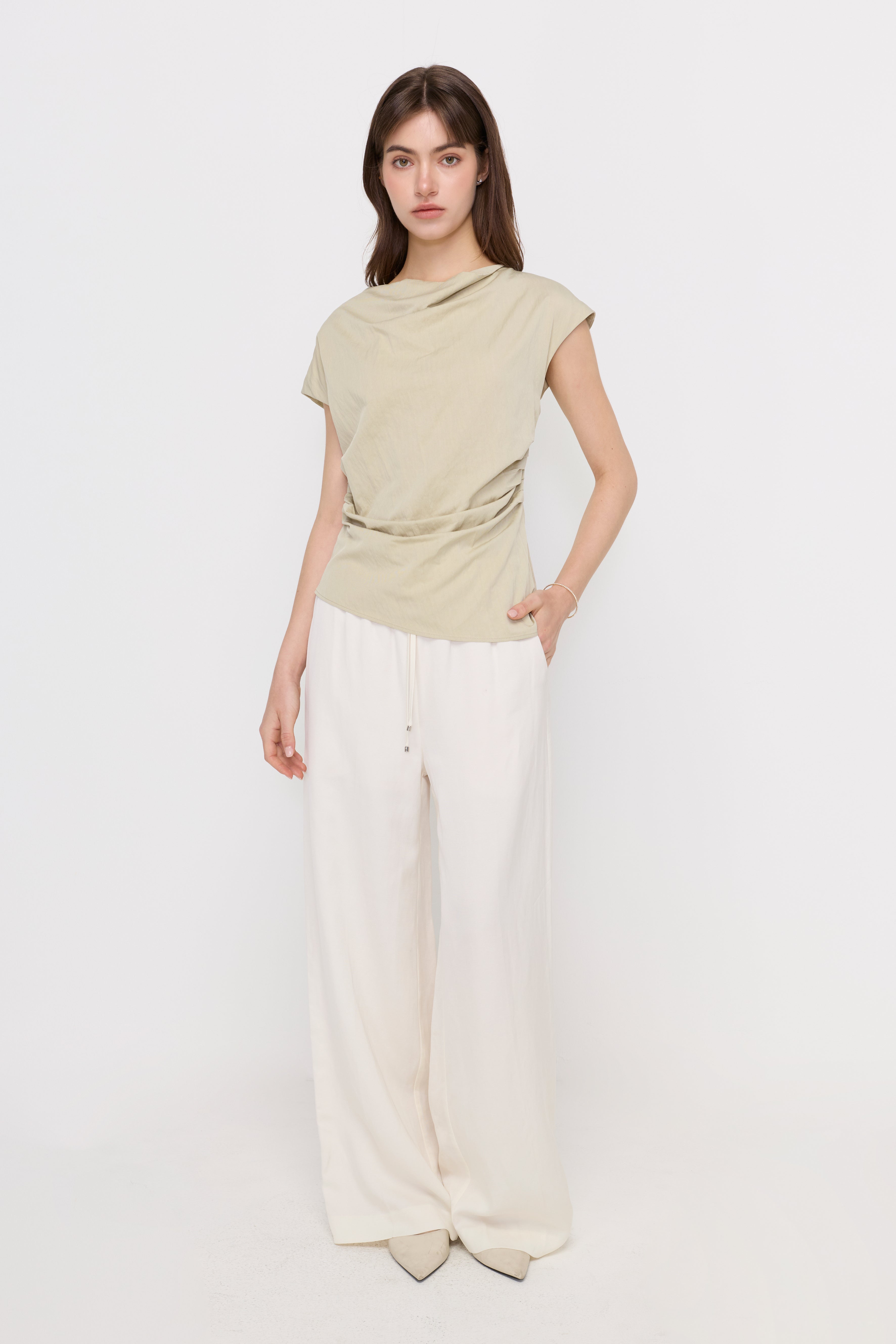 DRAPED ASYMMETRIC CAP SLEEVE TOP
