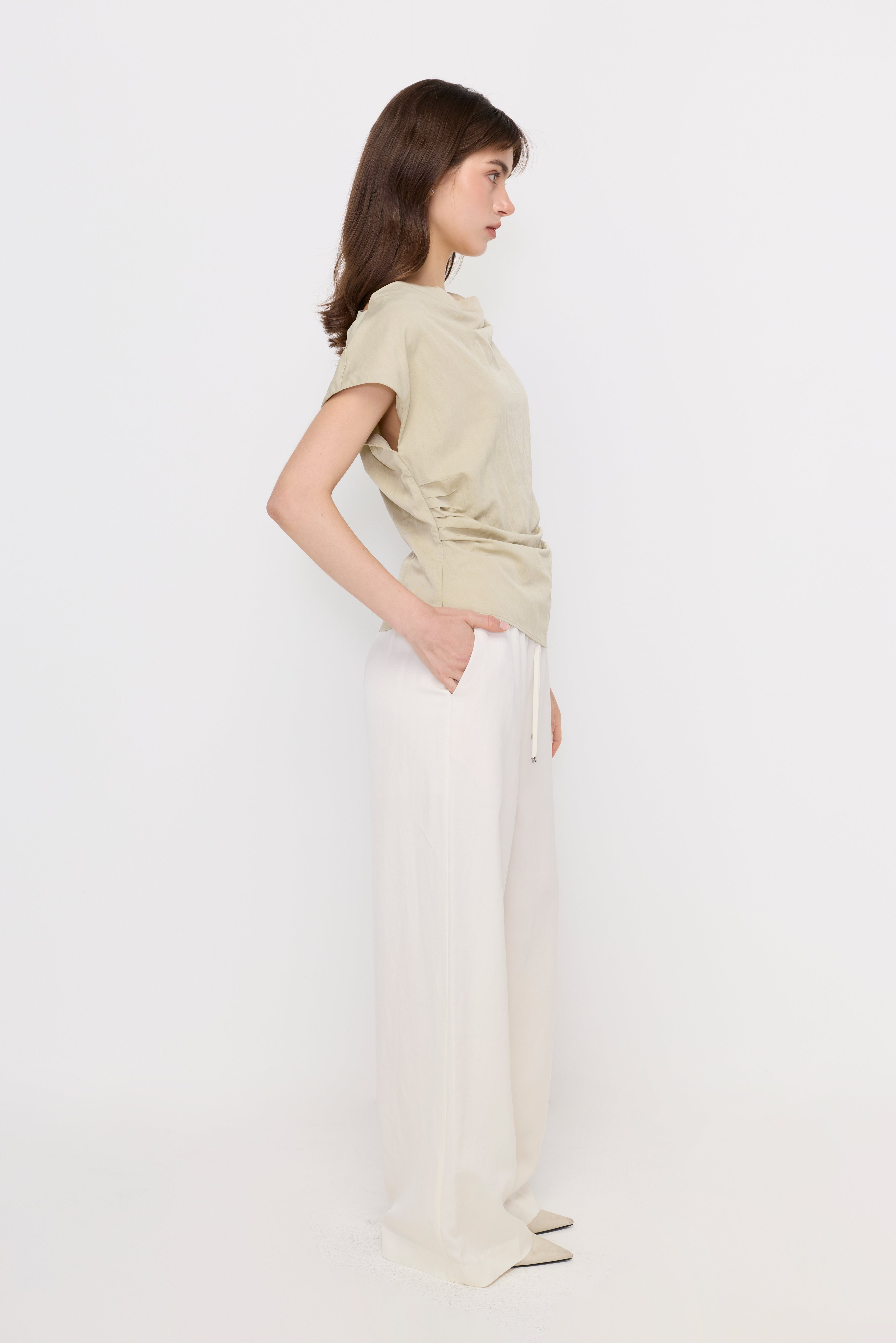 DRAPED ASYMMETRIC CAP SLEEVE TOP
