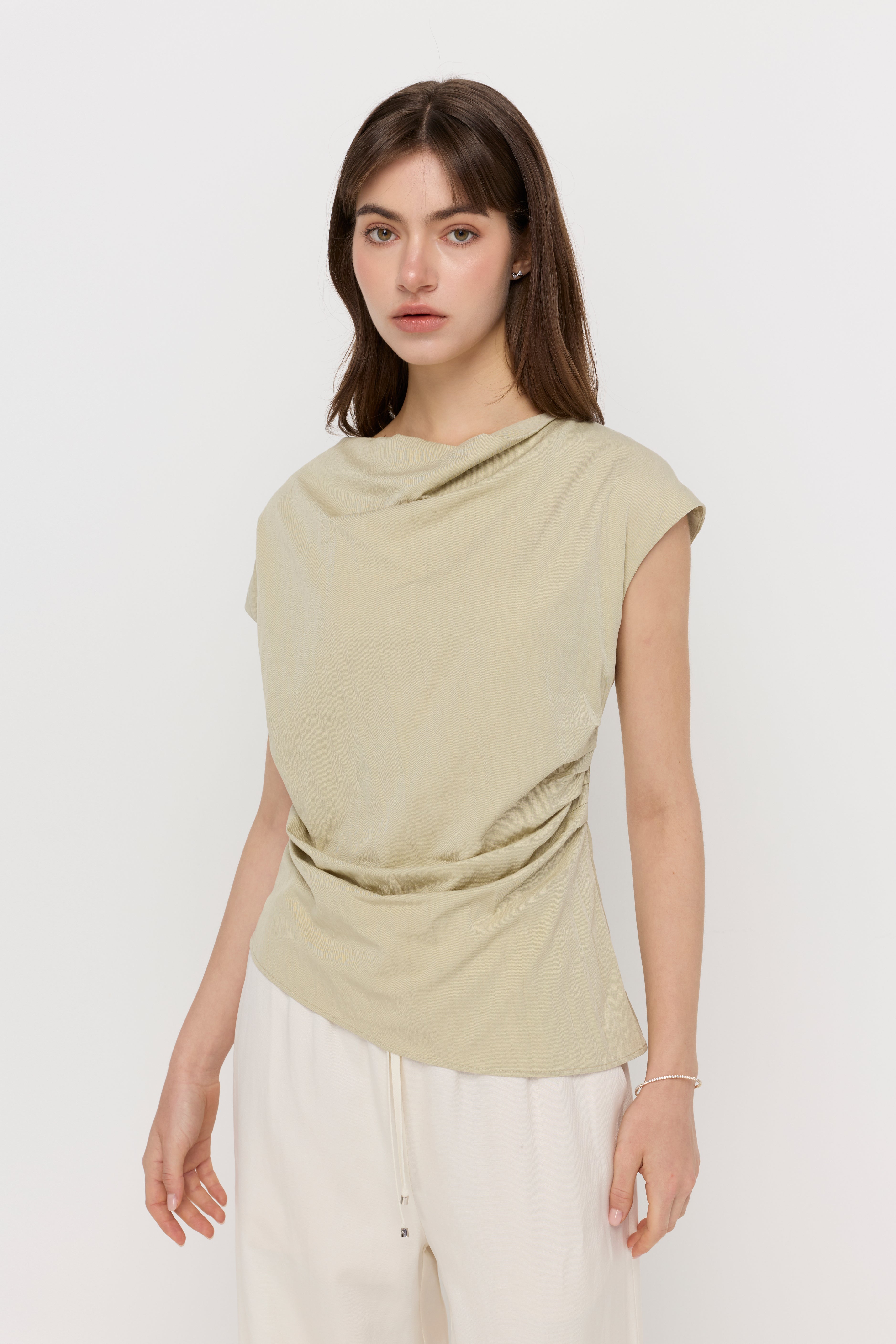 DRAPED ASYMMETRIC CAP SLEEVE TOP
