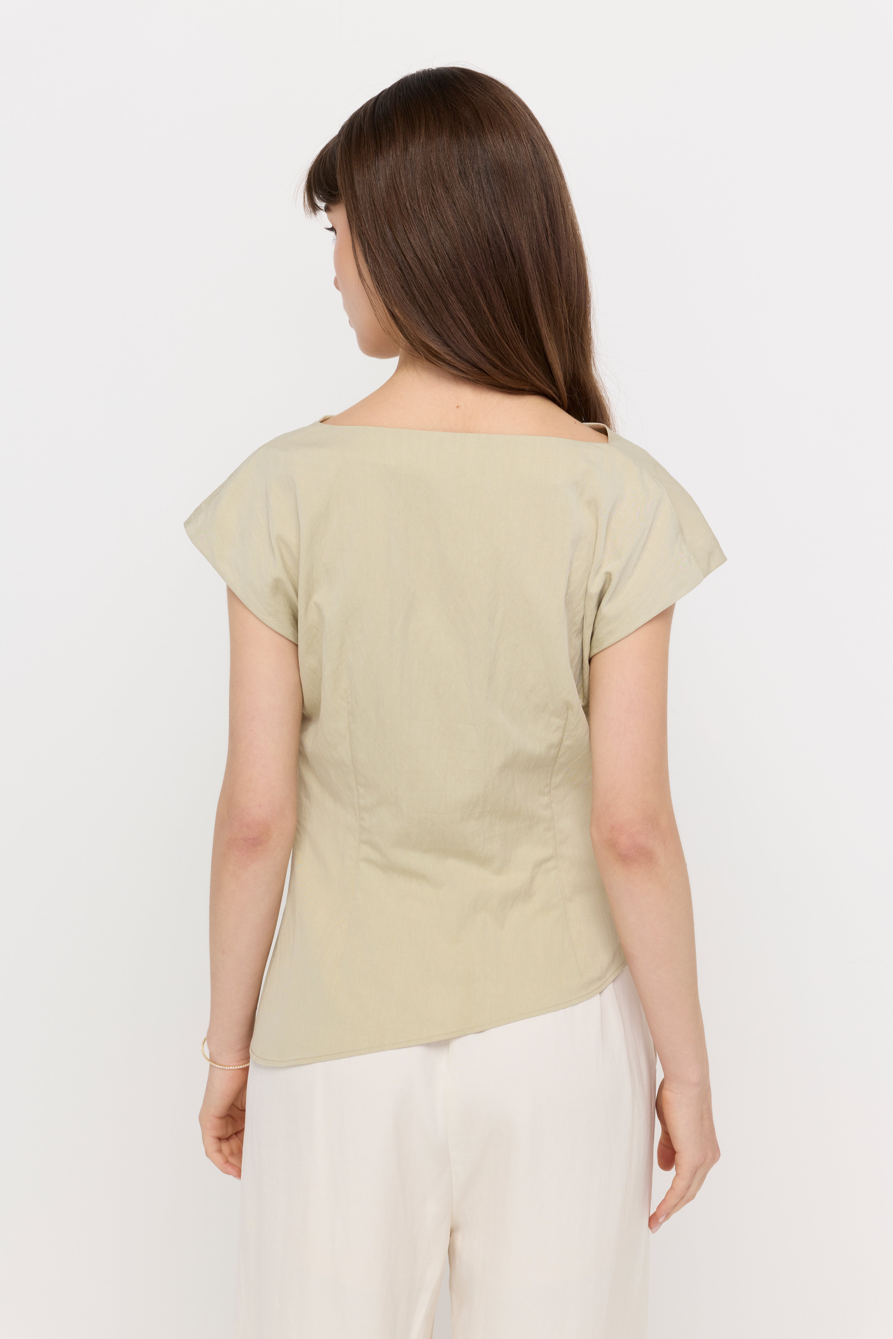 DRAPED ASYMMETRIC CAP SLEEVE TOP