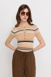 STRIPED KNIT POLO TOP