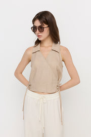 SLEEVELESS COLLARED WRAP TIE TOP