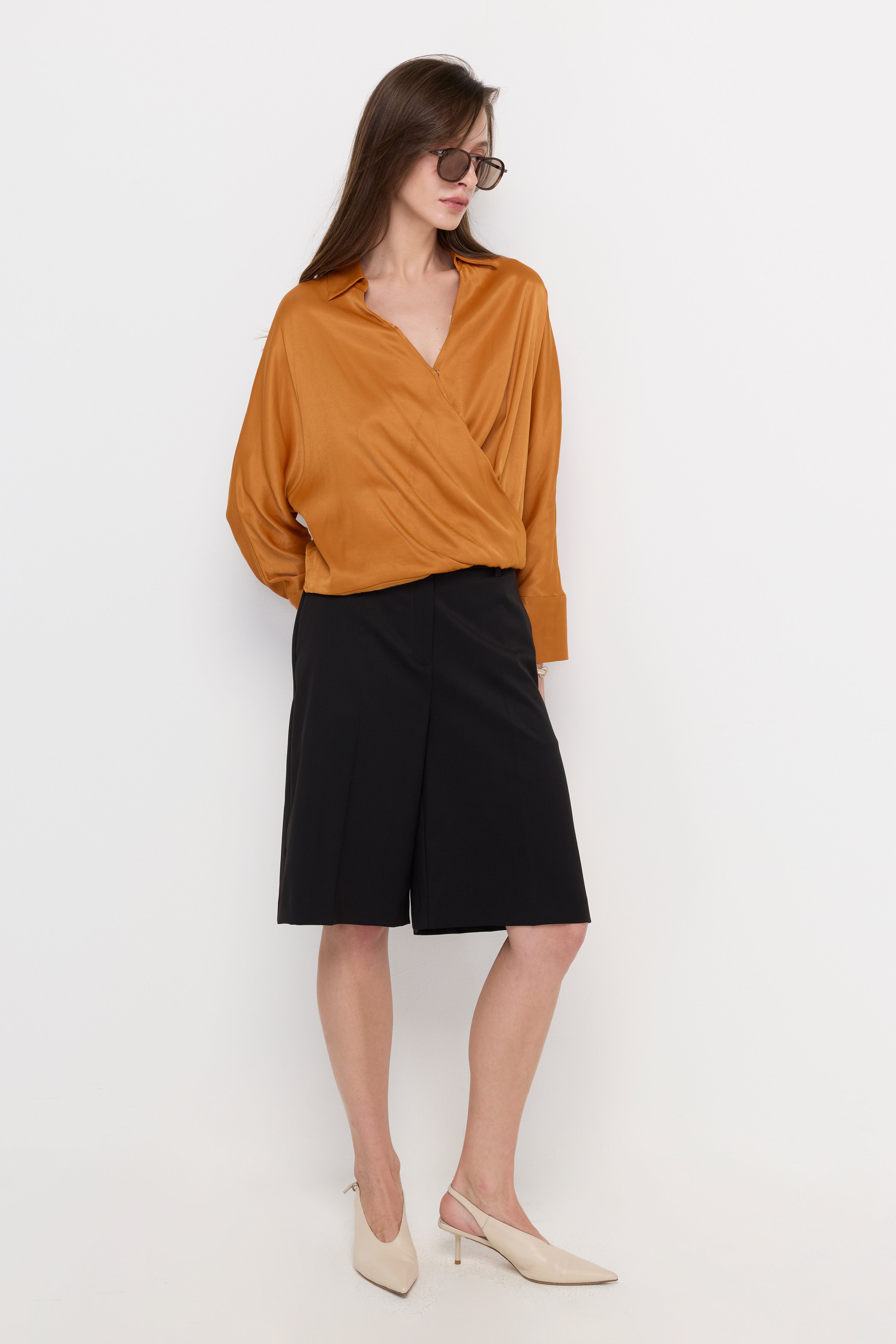 DRAPED WRAP SATIN BLOUSE