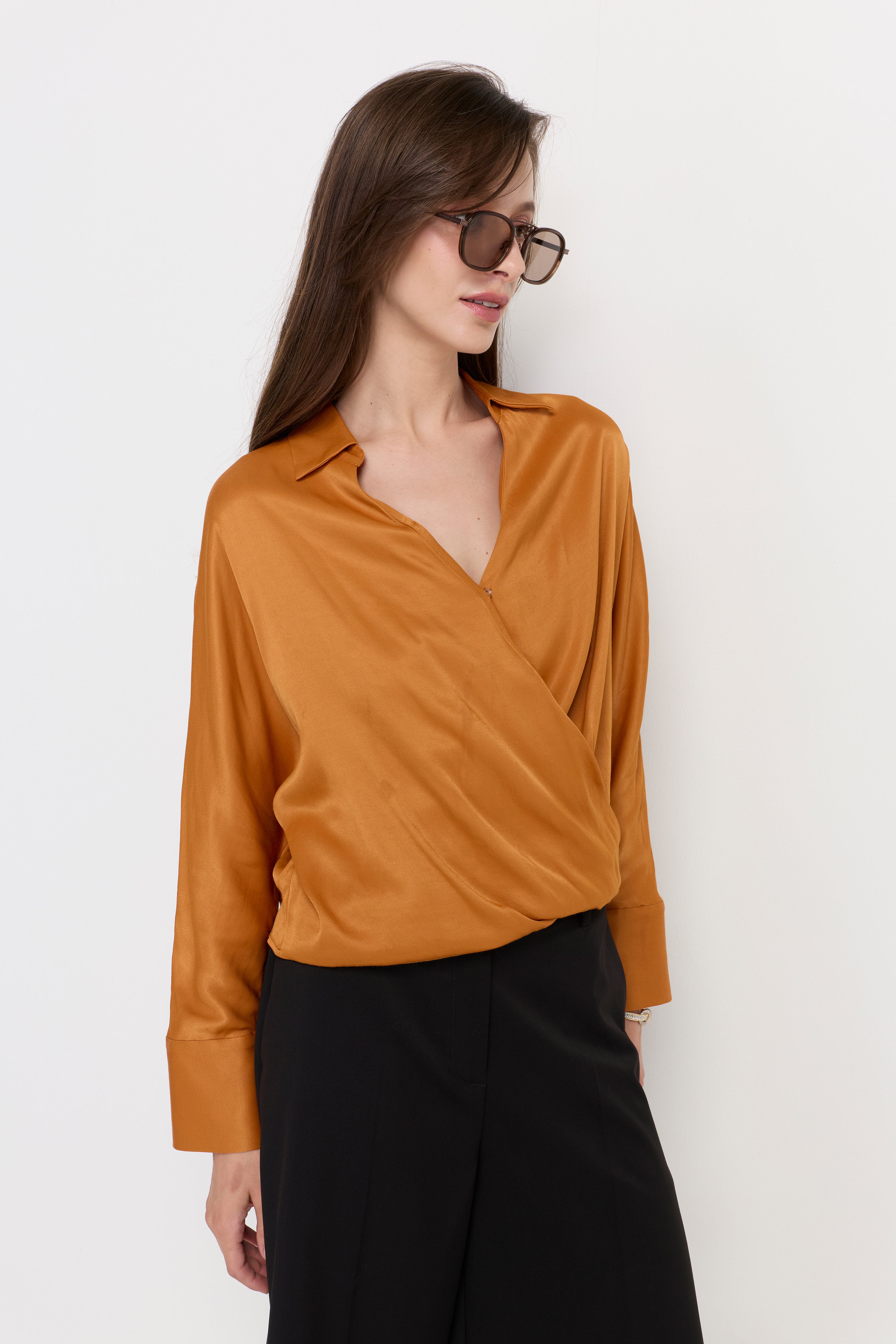 DRAPED WRAP SATIN BLOUSE