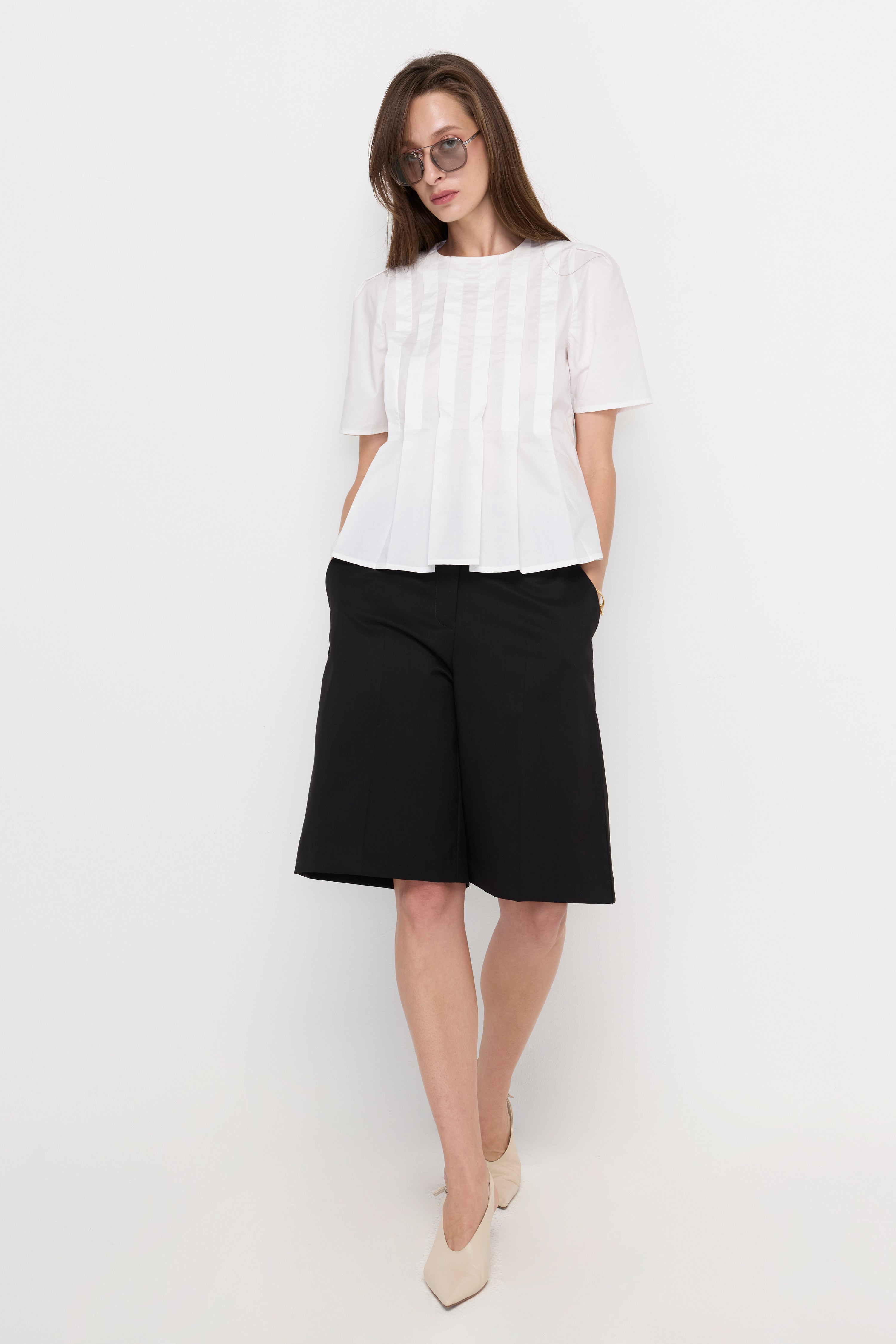 PLEATED FRONT PEPLUM BLOUSE