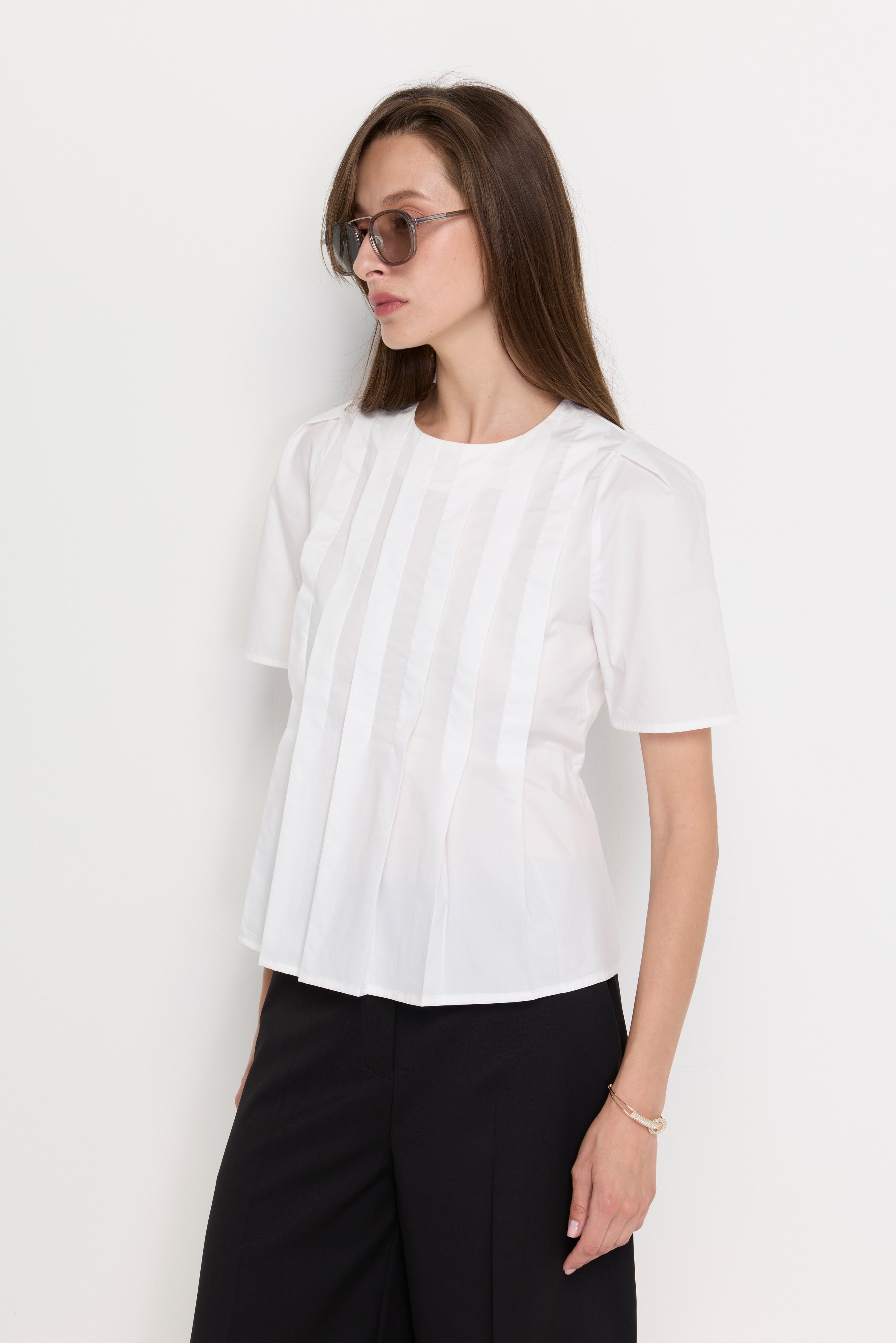 PLEATED FRONT PEPLUM BLOUSE