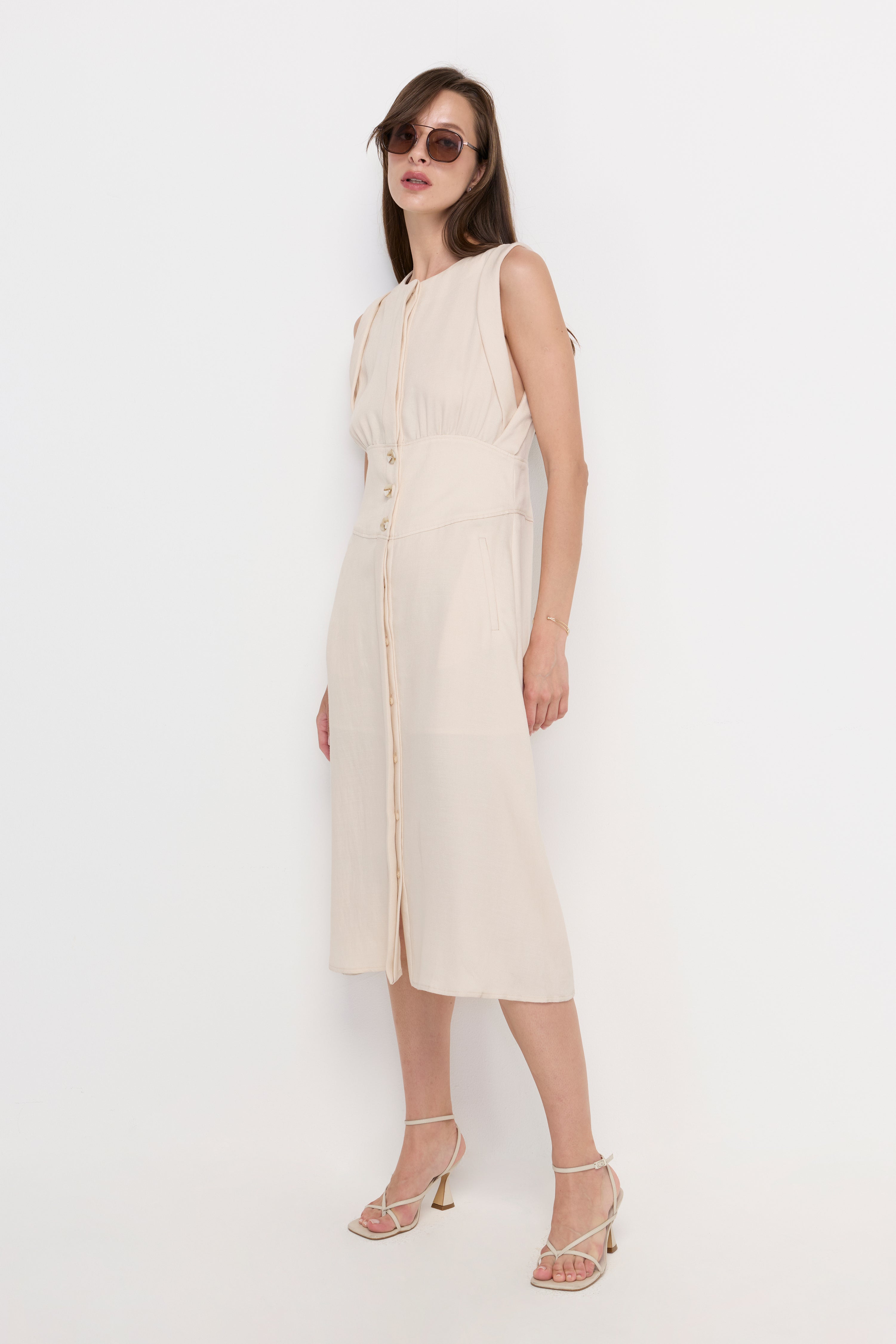 SERAPHINE BUTTON-FRONT MIDI DRESS