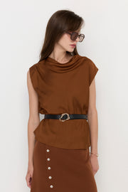 DRAPED SATIN BELTED BLOUSE