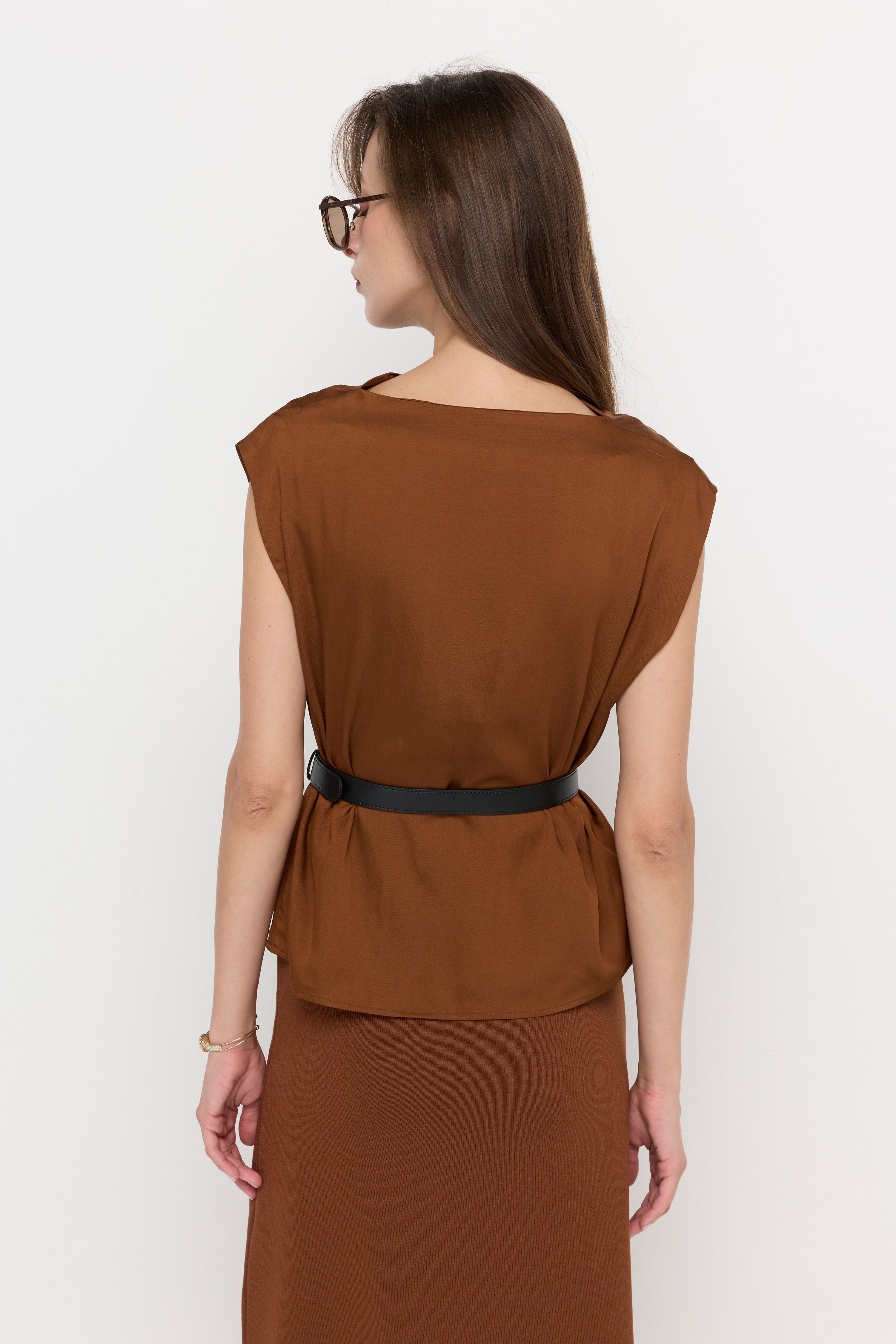 DRAPED SATIN BELTED BLOUSE