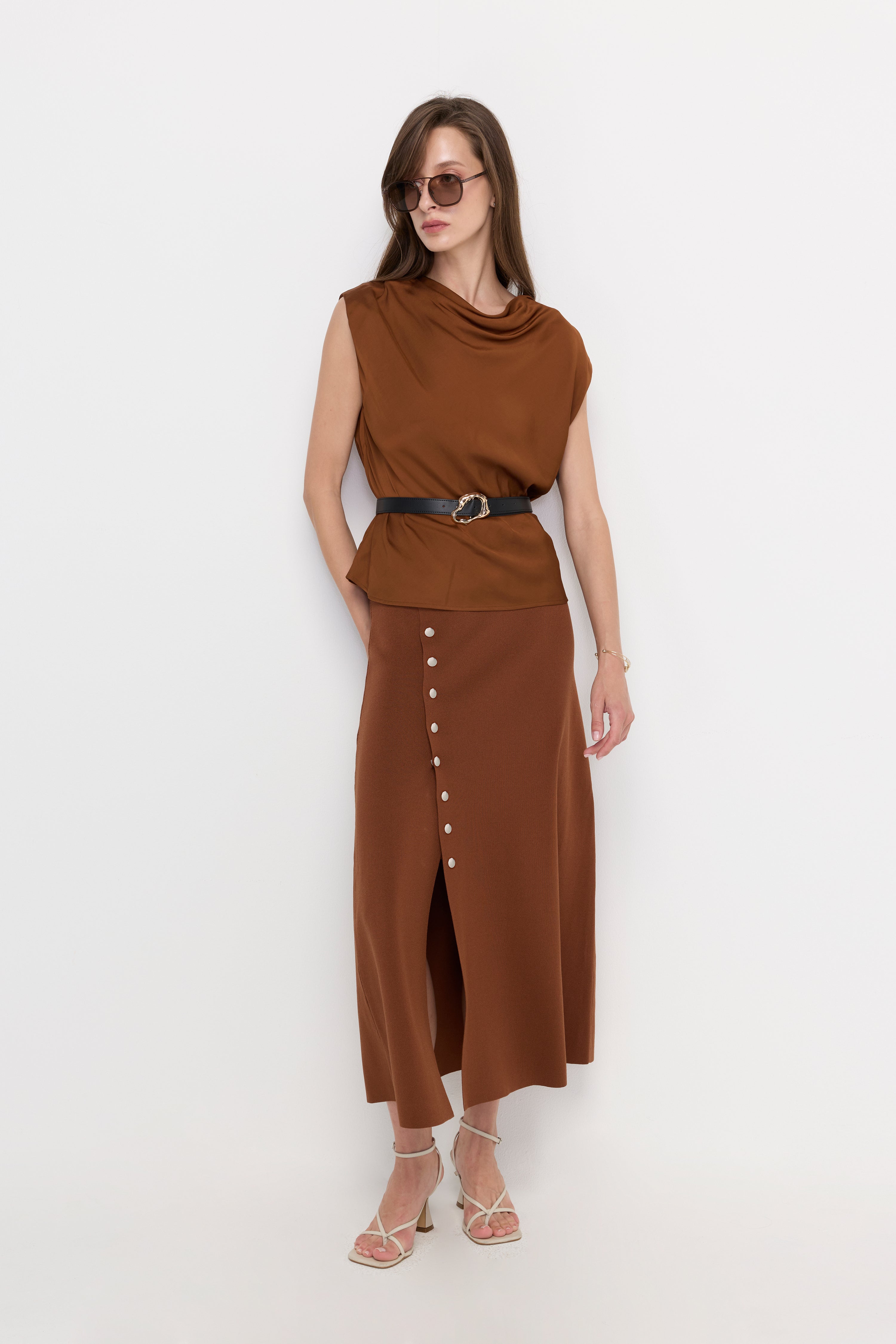DRAPED SATIN BELTED BLOUSE