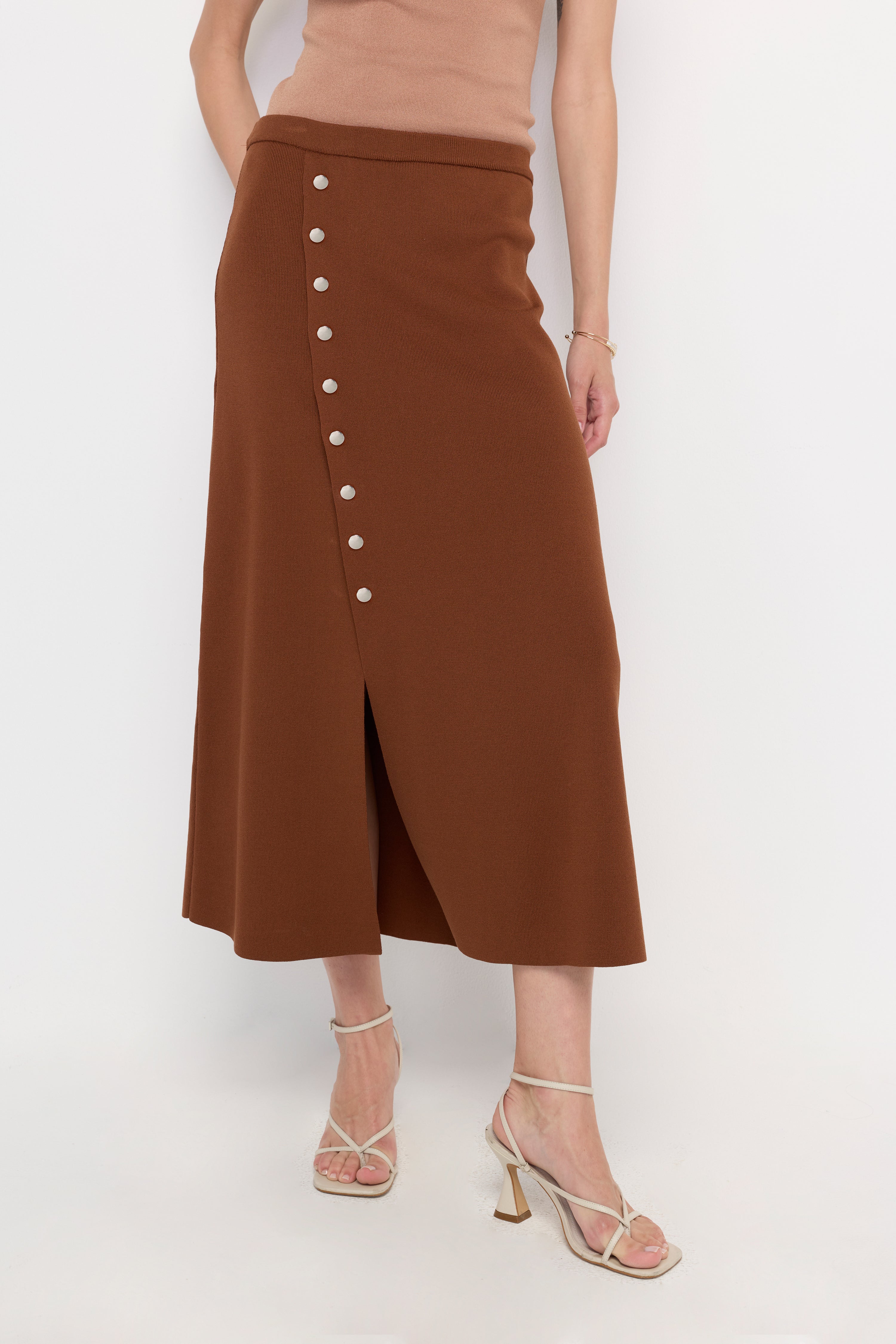 SNAP BUTTON WRAP MIDI SKIRT