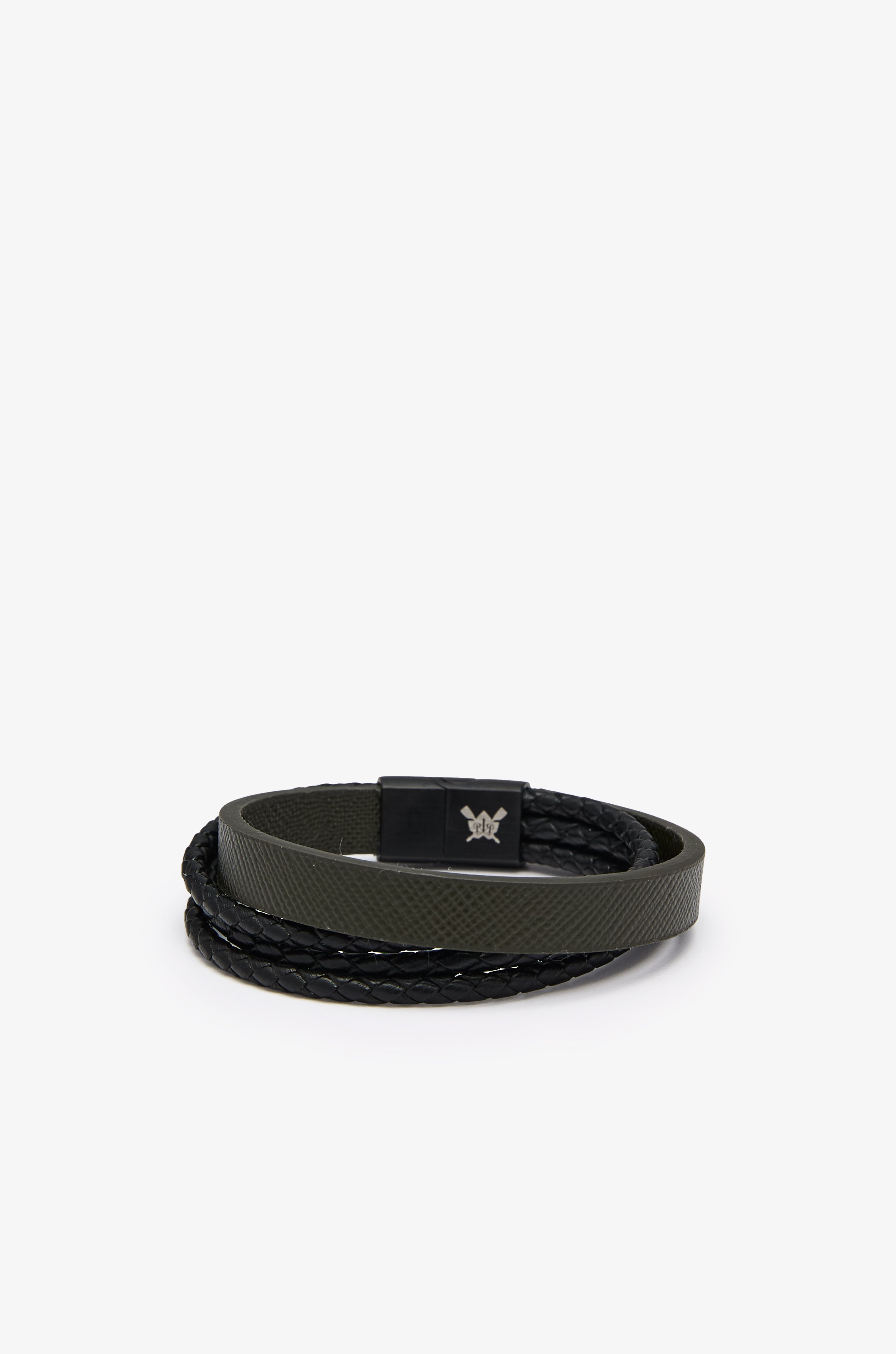 BRAIDED SAFFIANO LEATHER LOGO BRACELET