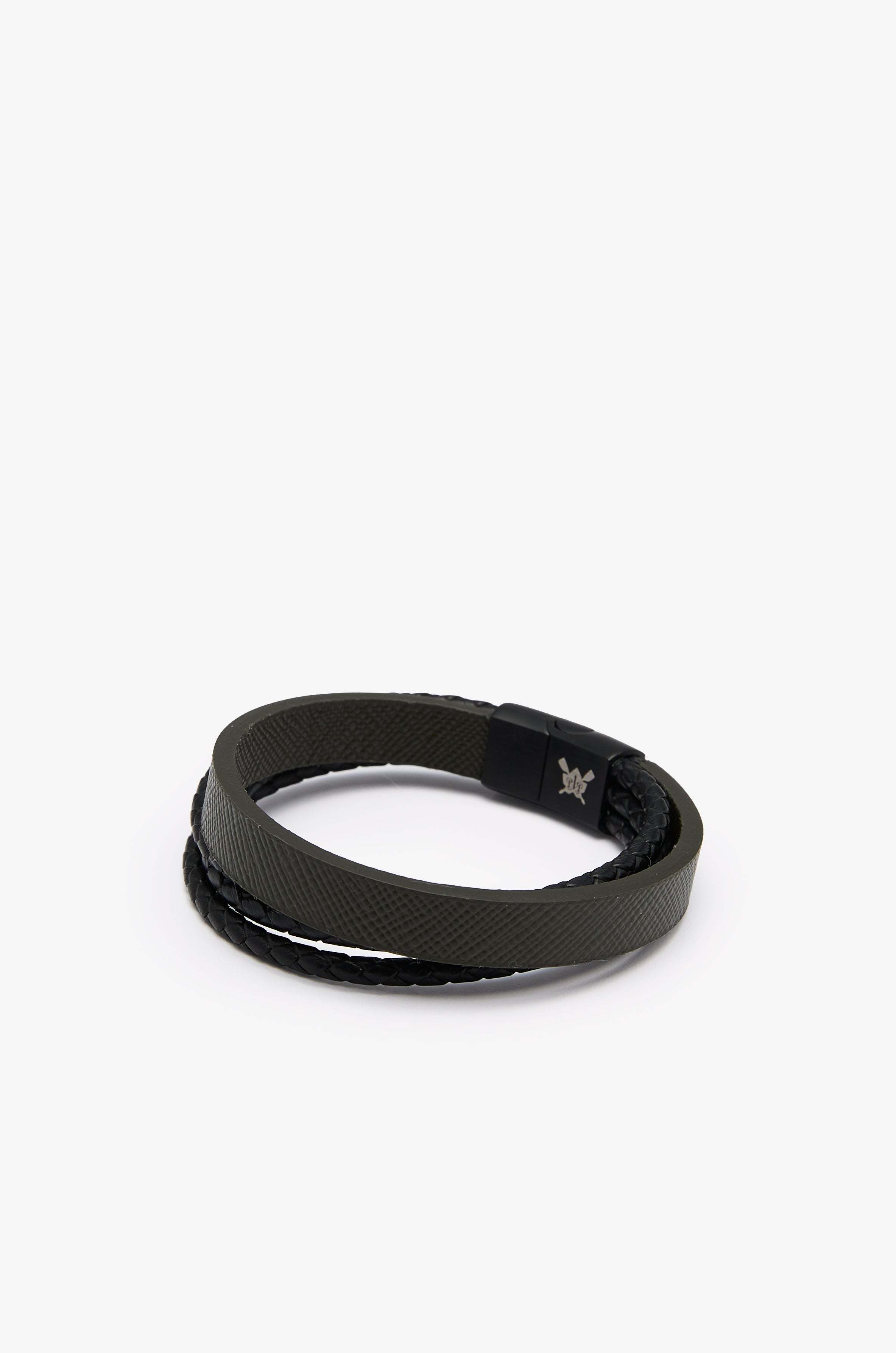 BRAIDED SAFFIANO LEATHER LOGO BRACELET