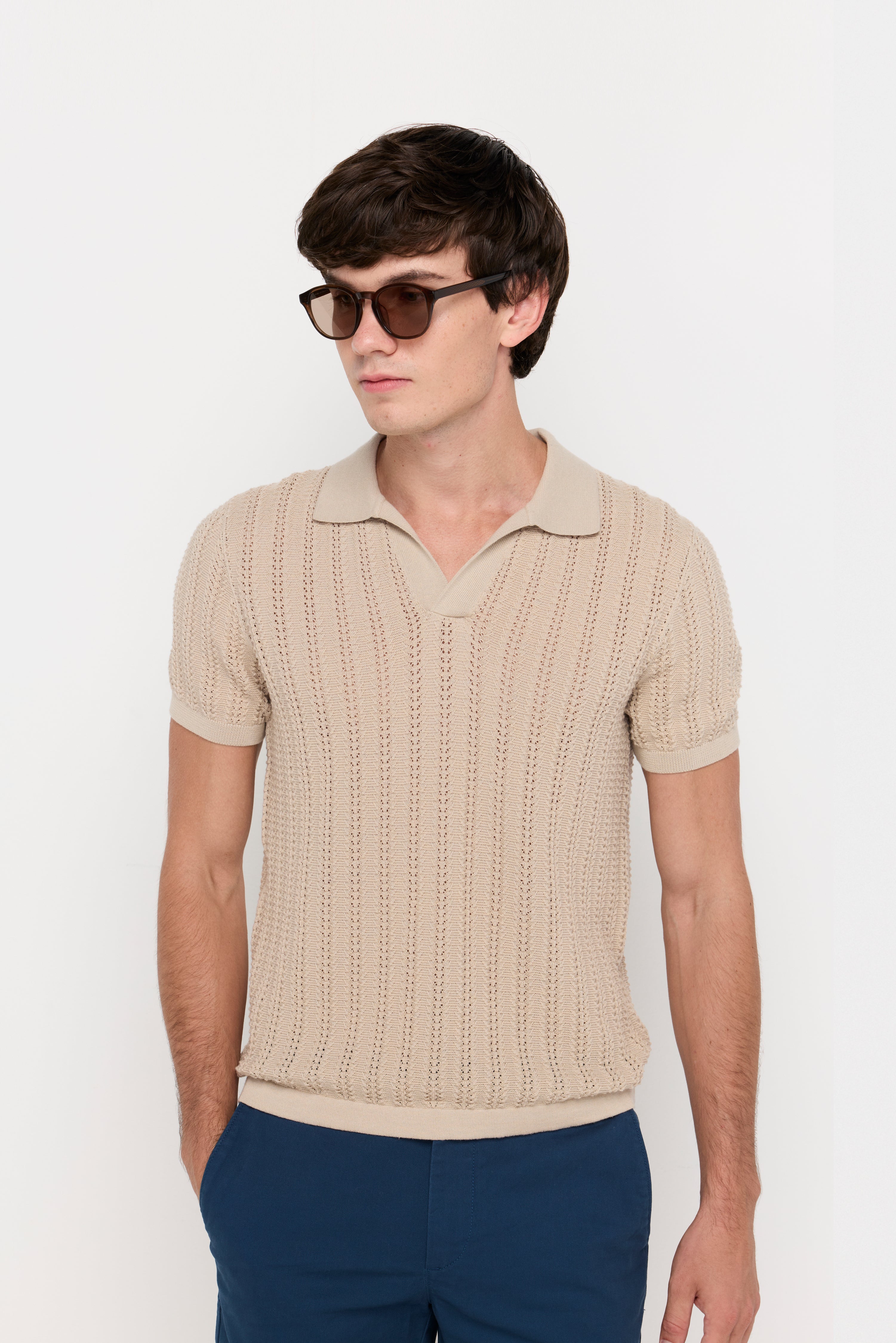 OPEN KNIT POLO SWEATER