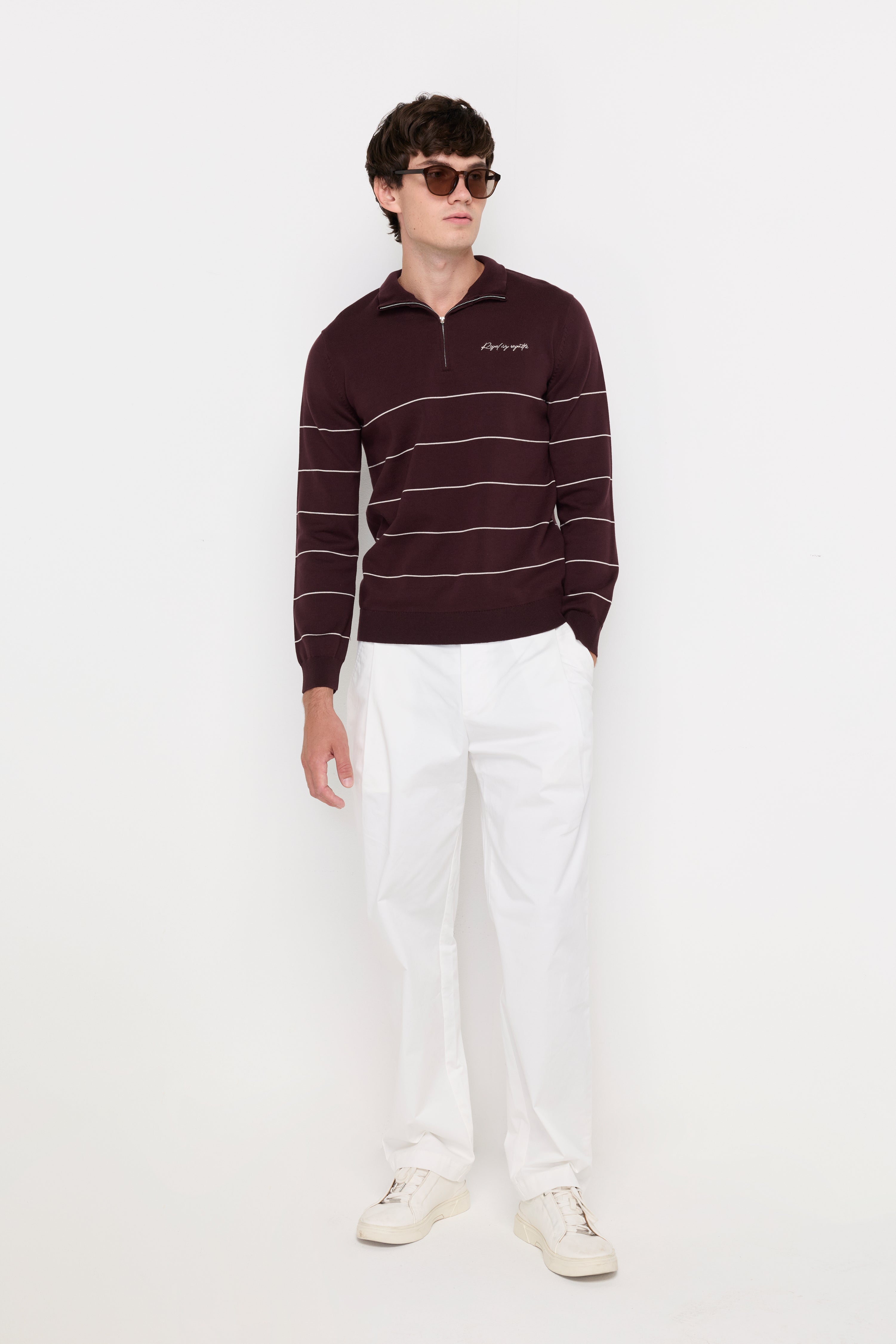 CONTRAST STRIPE HALF-ZIP KNIT PULLOVER