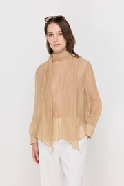 CRINKLED SHEER TIE-NECK BLOUSE