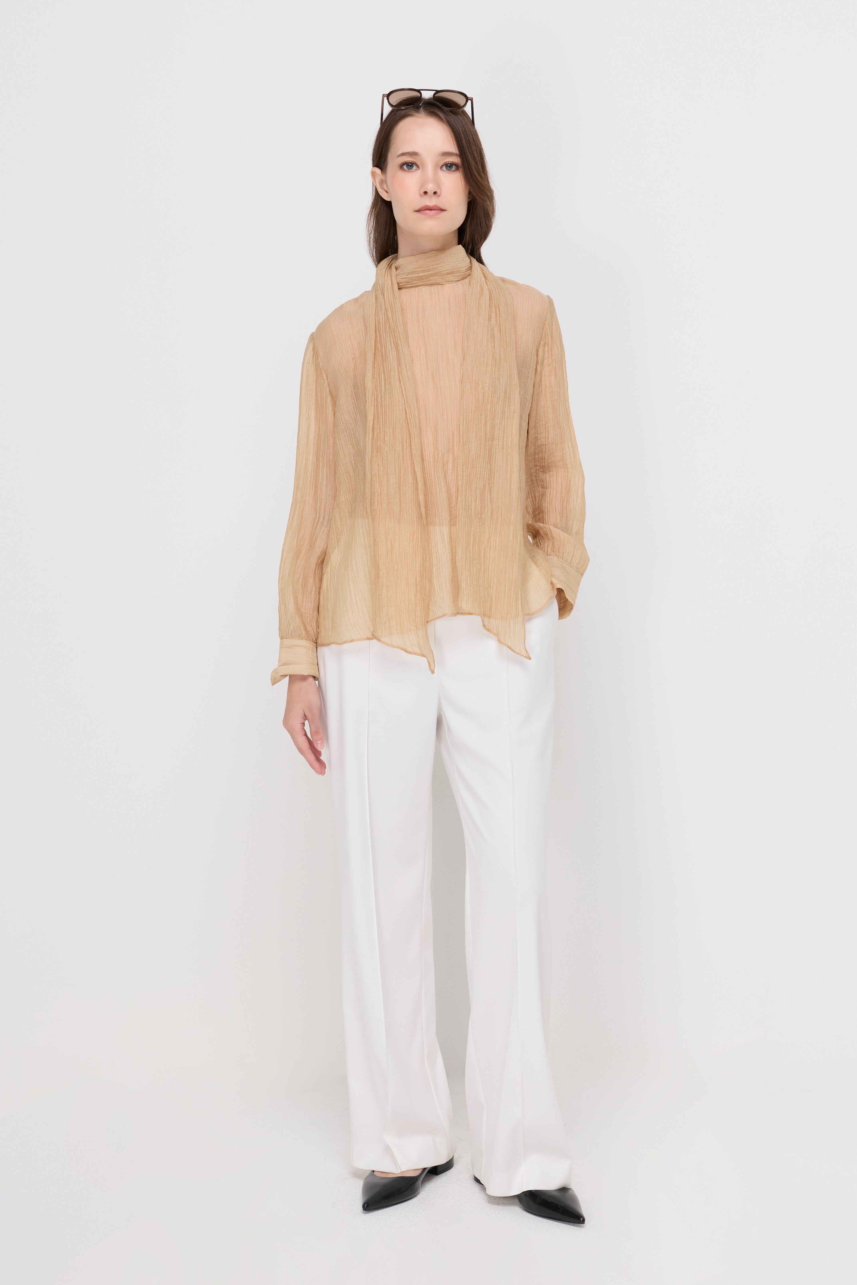 CRINKLED SHEER TIE-NECK BLOUSE