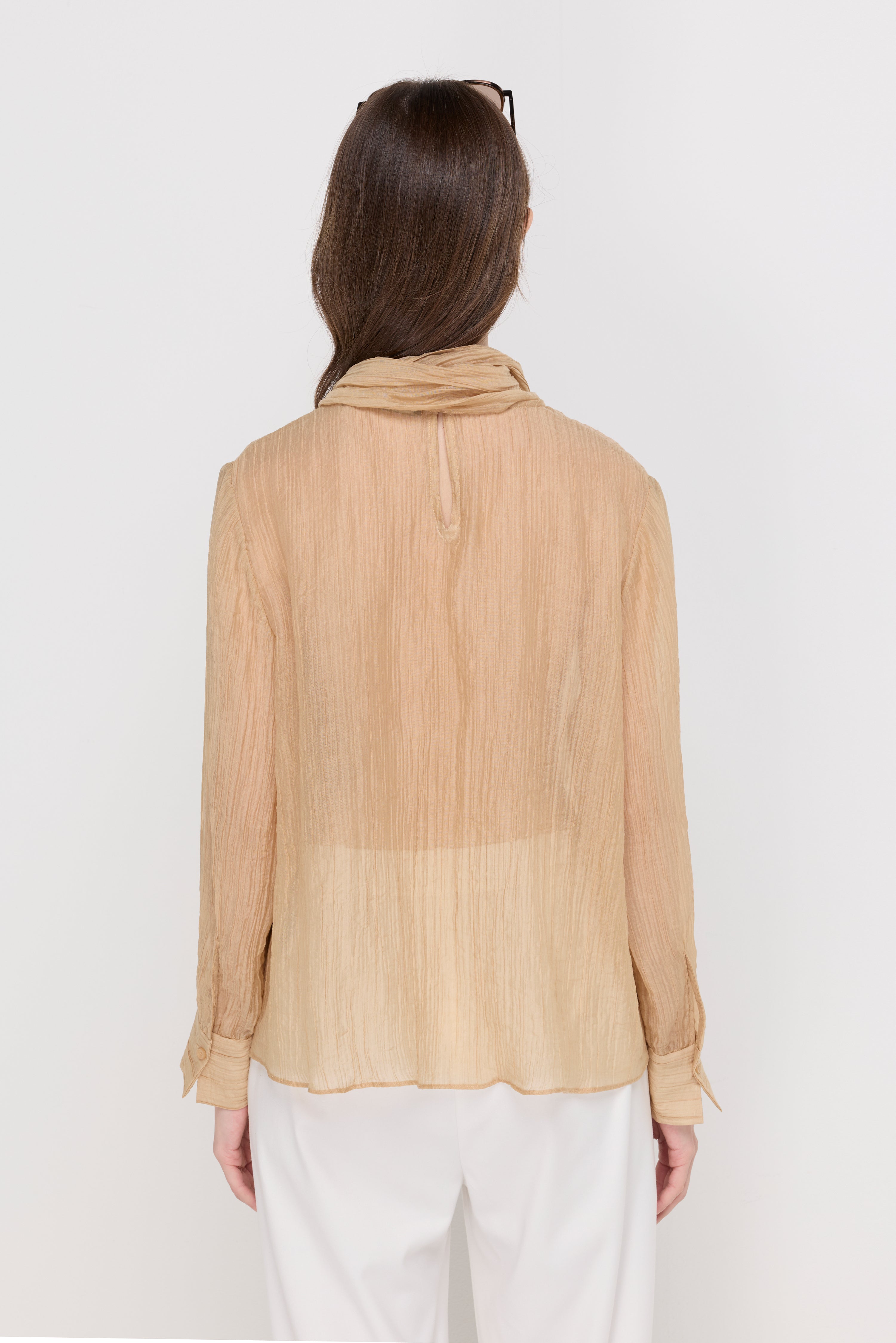 CRINKLED SHEER TIE-NECK BLOUSE