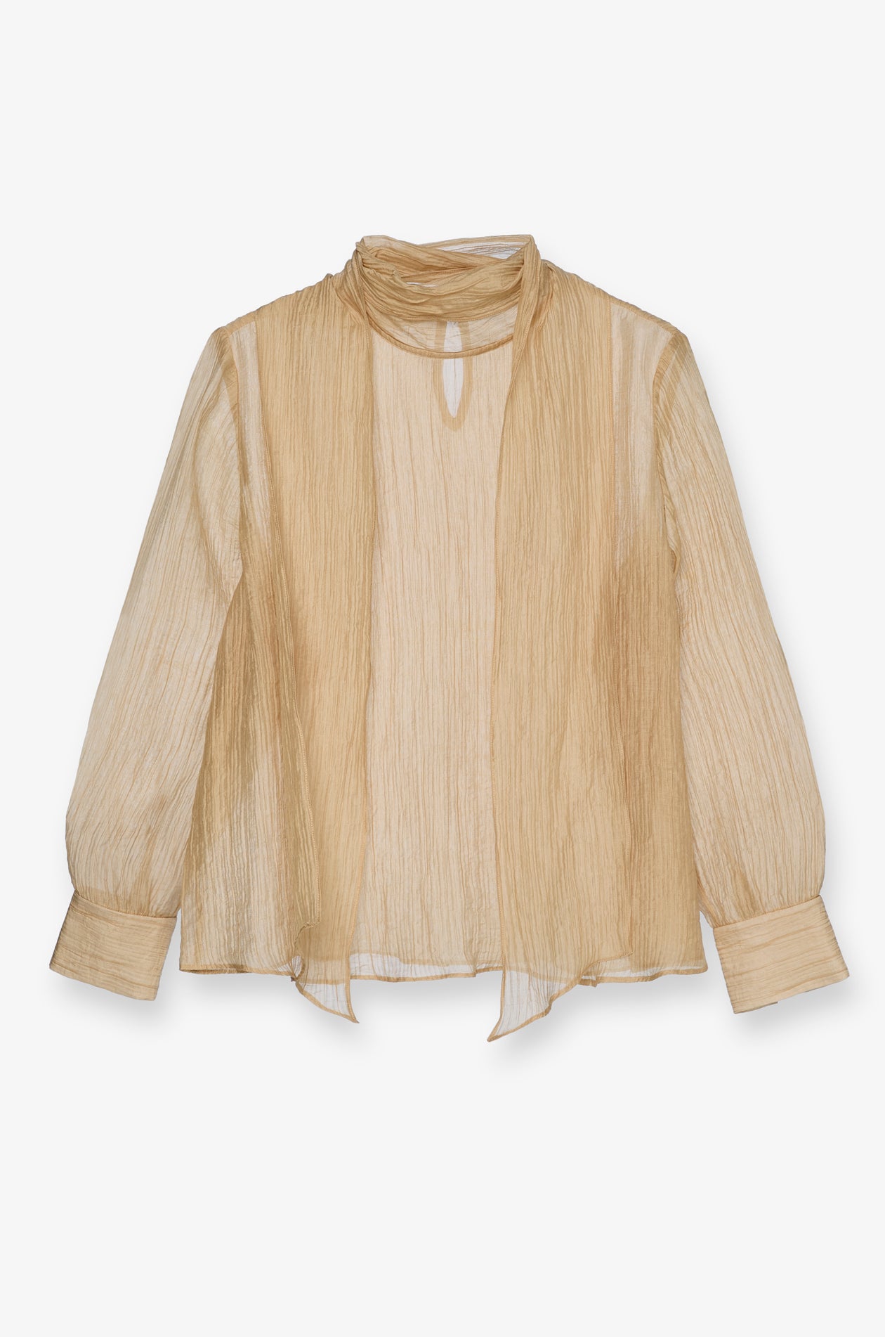 CRINKLED SHEER TIE-NECK BLOUSE